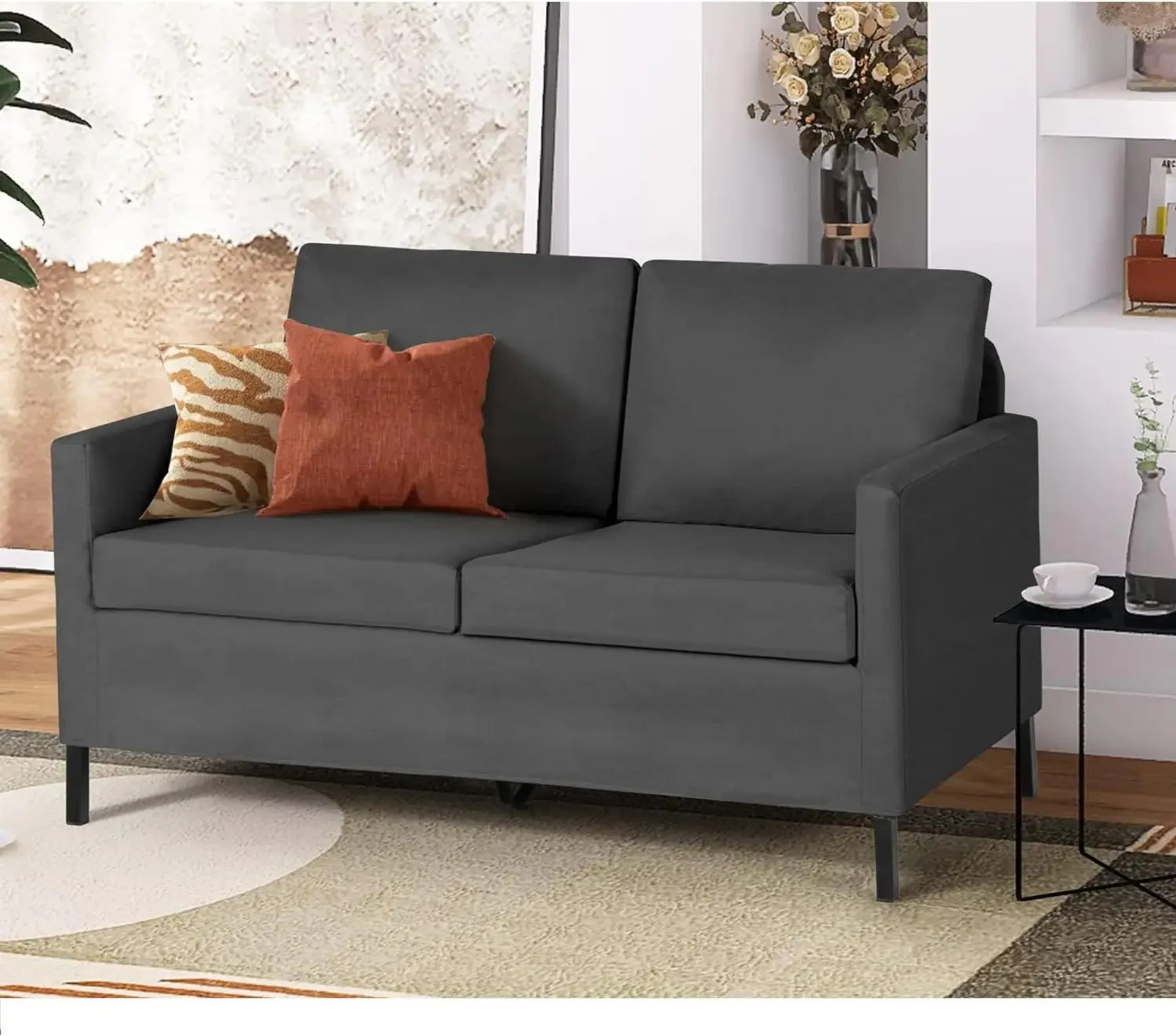 Linen Fabric Modern Small Loveseat Sofa Couch for Living Room, 51" W Upholstered 2-Seater Love Seats w/Iron Legs for Small Space