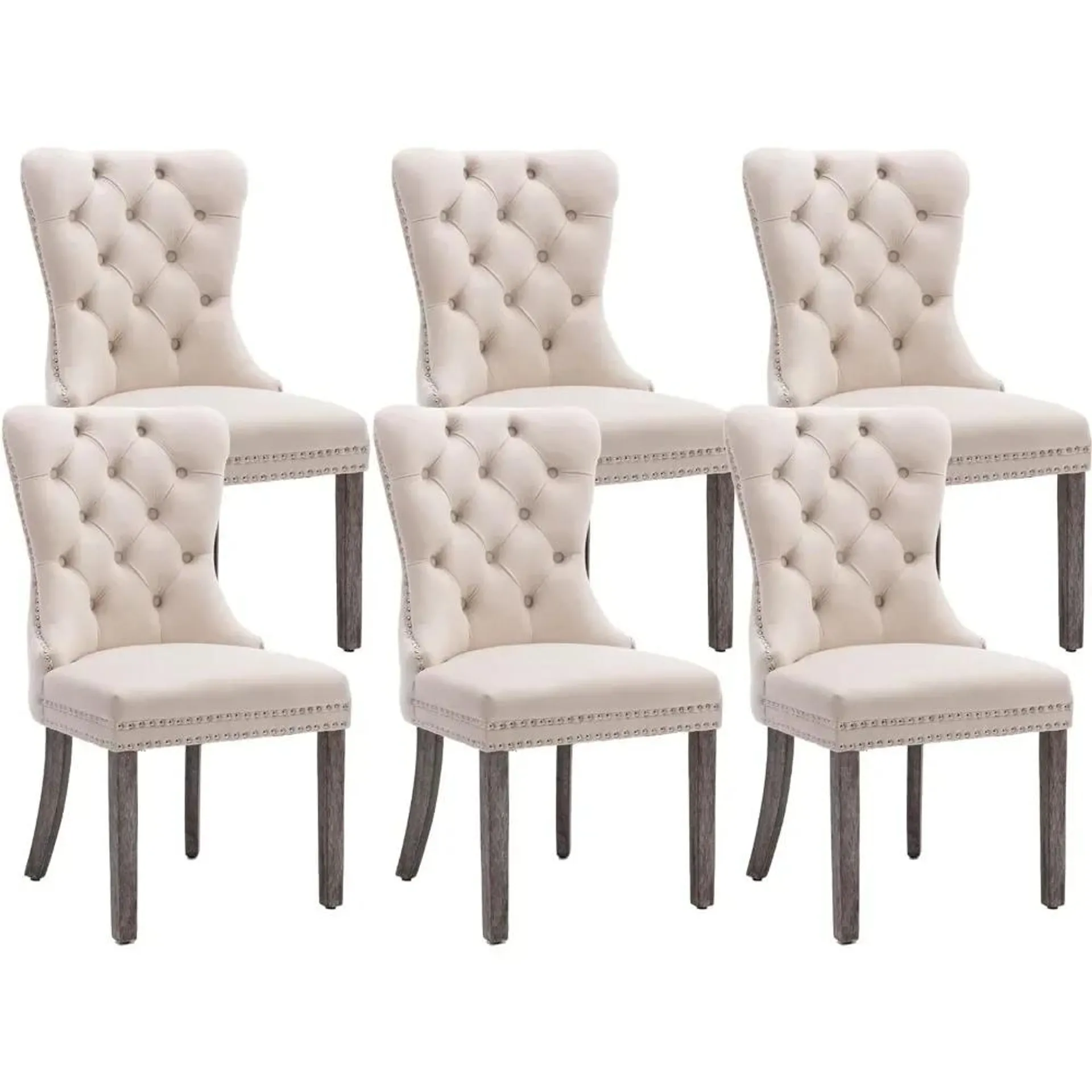 A set of 6 beige velvet dining chairs, soft cushioned plush chairs with nail heads and solid wood legs with loop edges