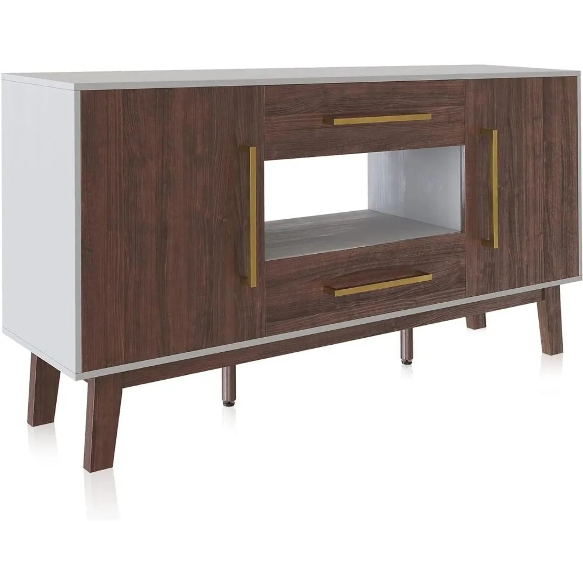 Mid-Century Modern Side Table with Two Drawers and Enclosed Cabinets, Sideboard Buffet Table for Kitchen, Living Room