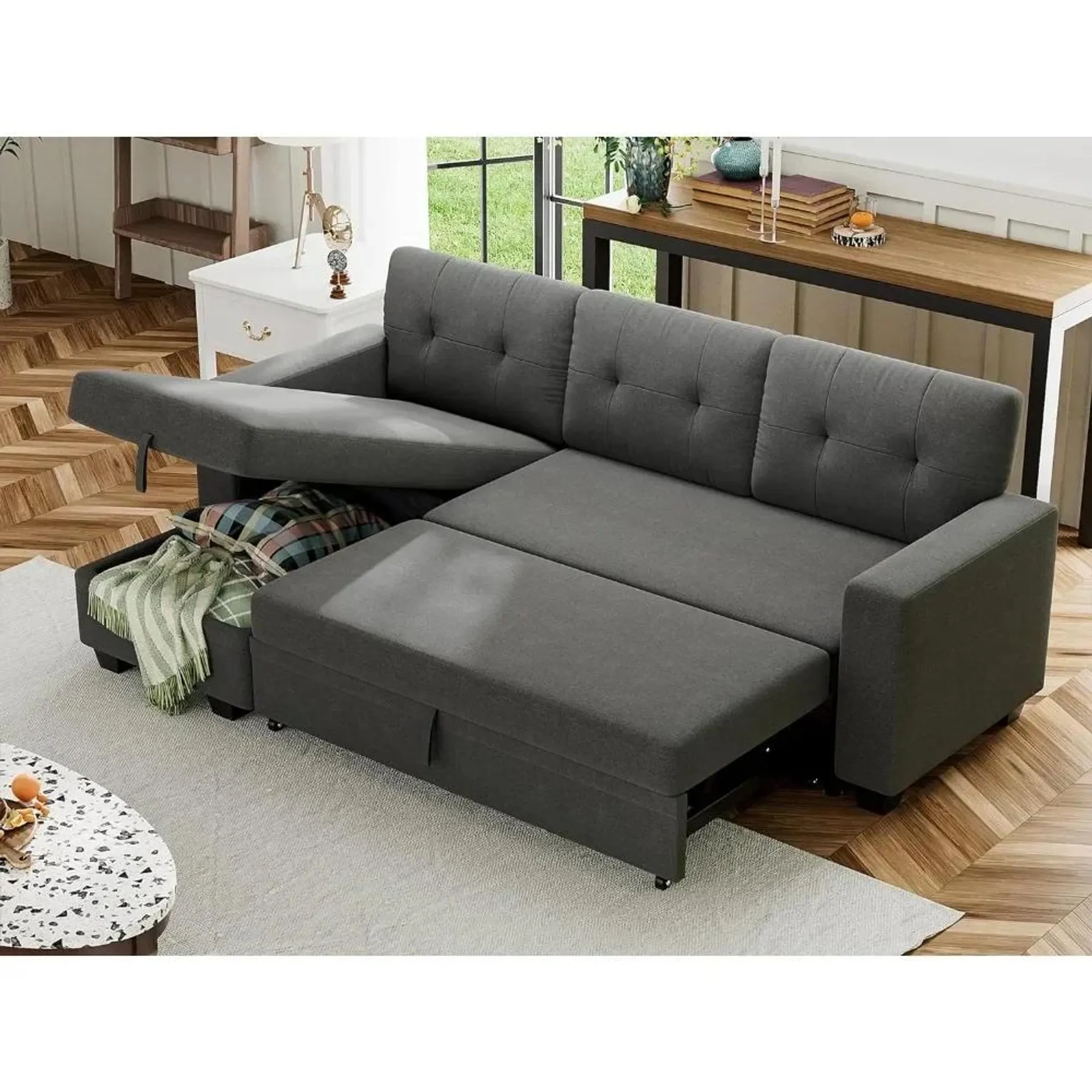 Linen Fabric Furniture for Living Room Sofa Bed Reversible Convertible Sleeper Pull Out Couches With Storage Chaise Sofas