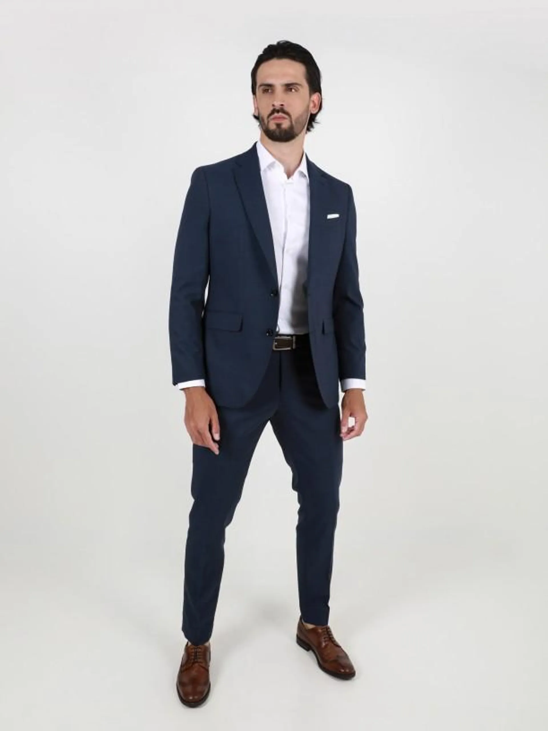 Fato liso slim fit lã elástica