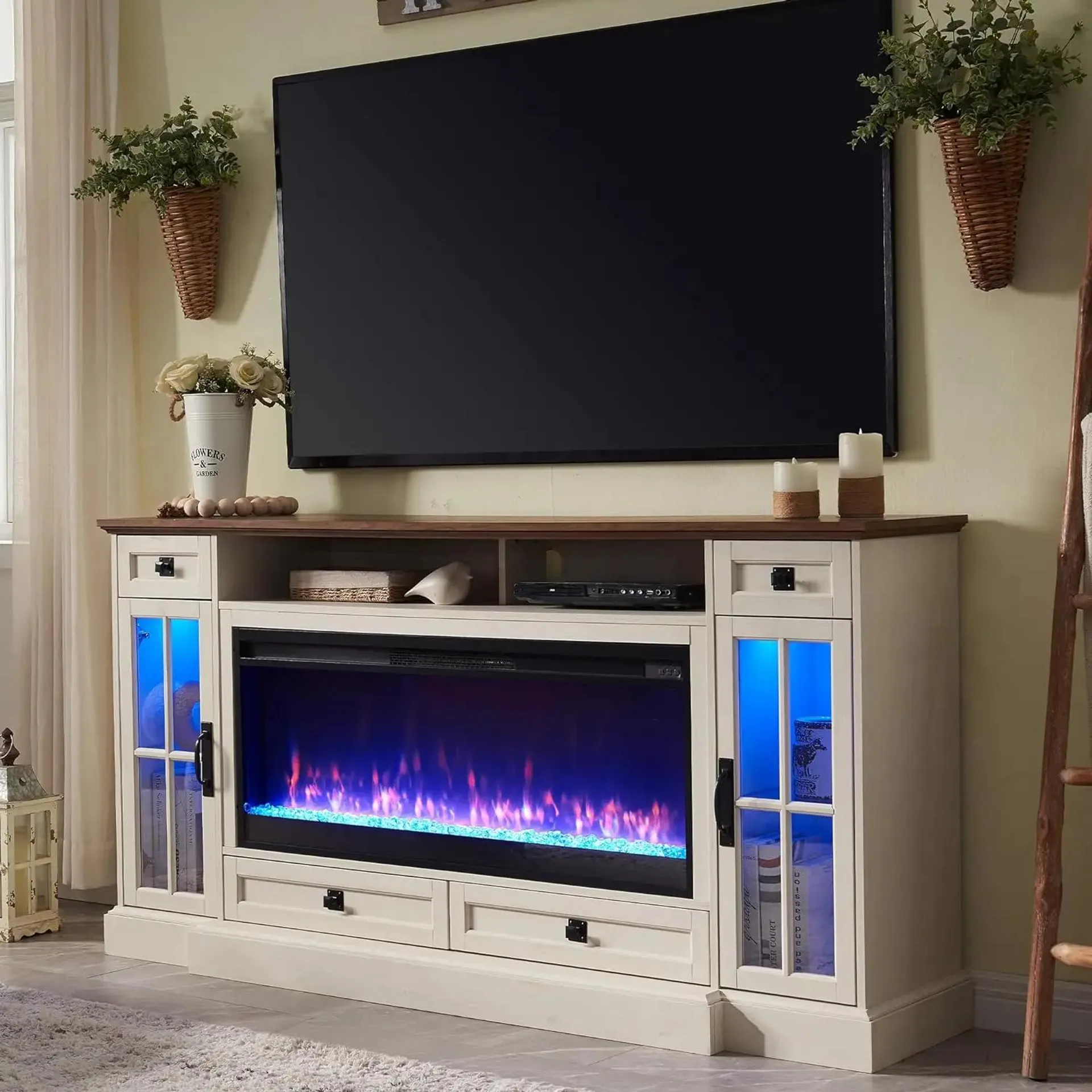 OKD Fireplace TV Stand for 80 Inch TV, with 42" Fireplace LED Lights, Cabinets for Living Room, Antique White