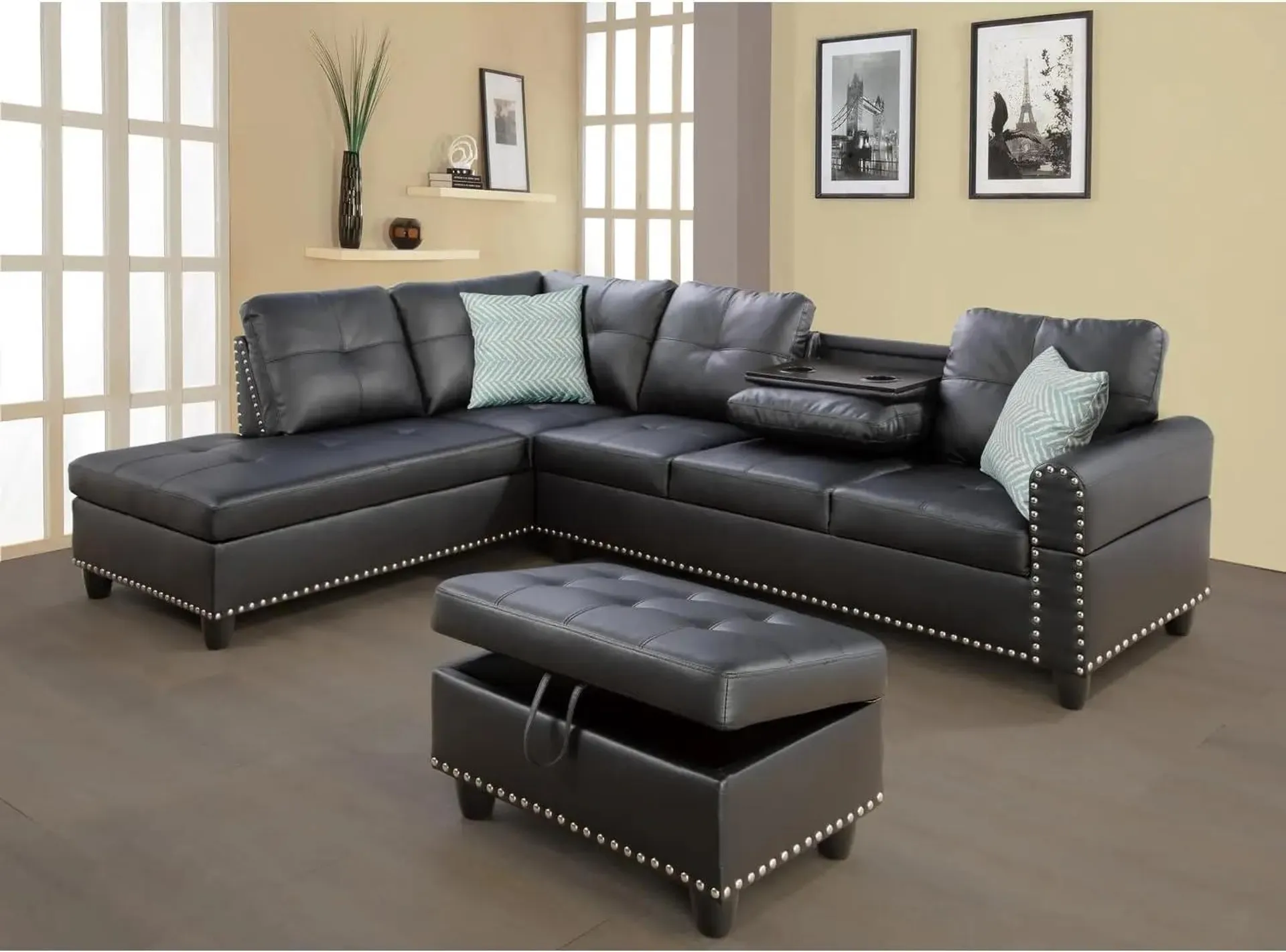 Transitional PU Faux Leather Sectional Sofa with Lift-top Storage Ottoman for Living Room in Black Finish