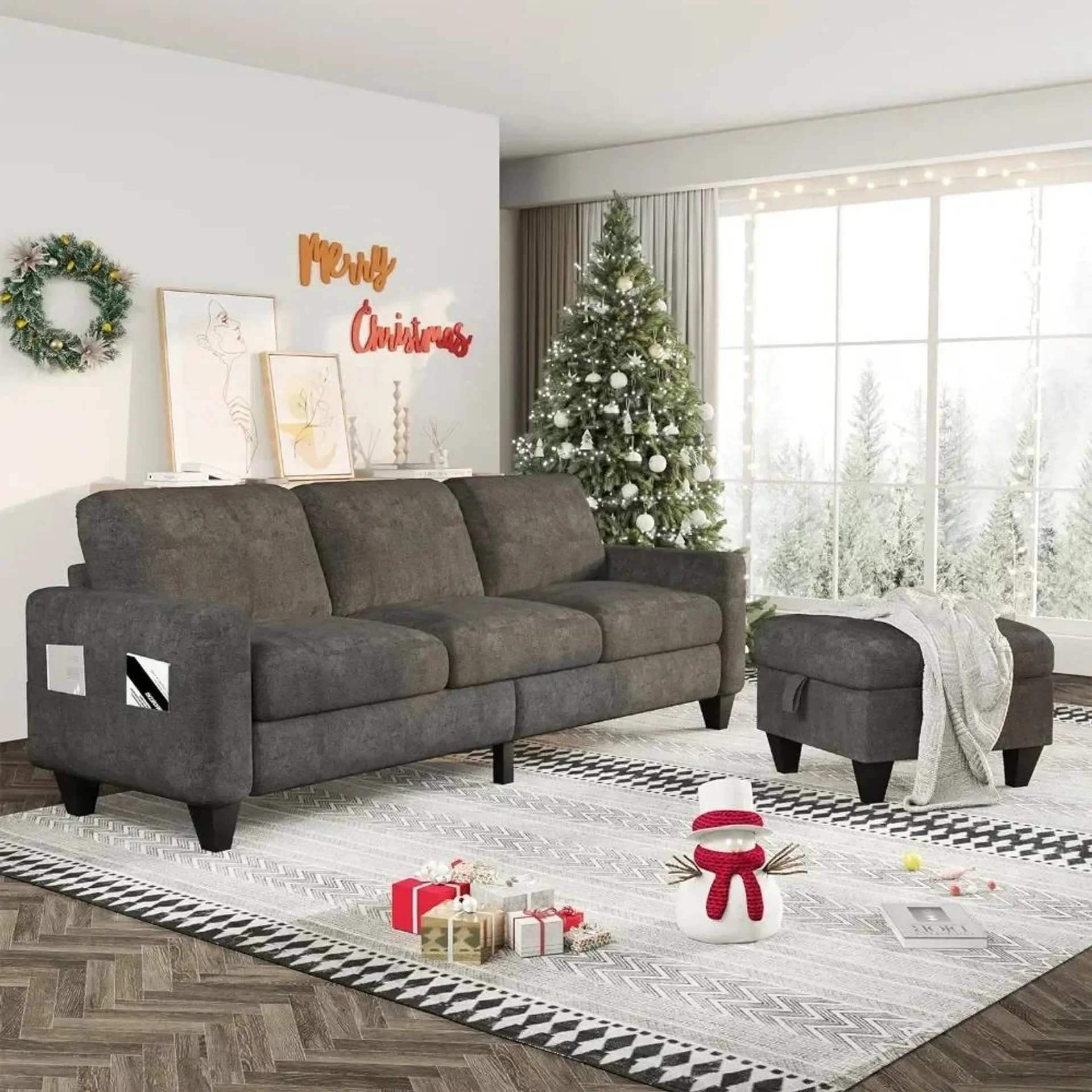 Convertible Sectional Sofa L-Shaped Couch, Chenille Couches , 3-Seat Modern Linen Sectional Couches for Living Room