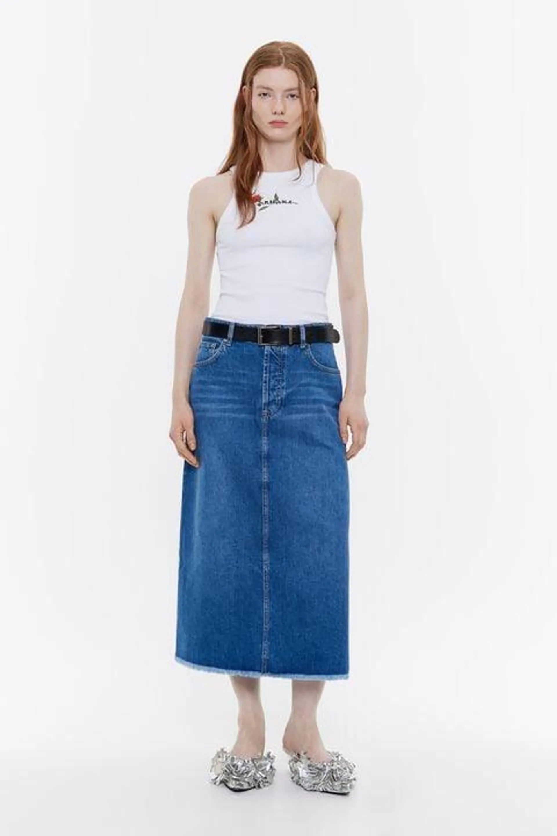 Saia midi denim azul