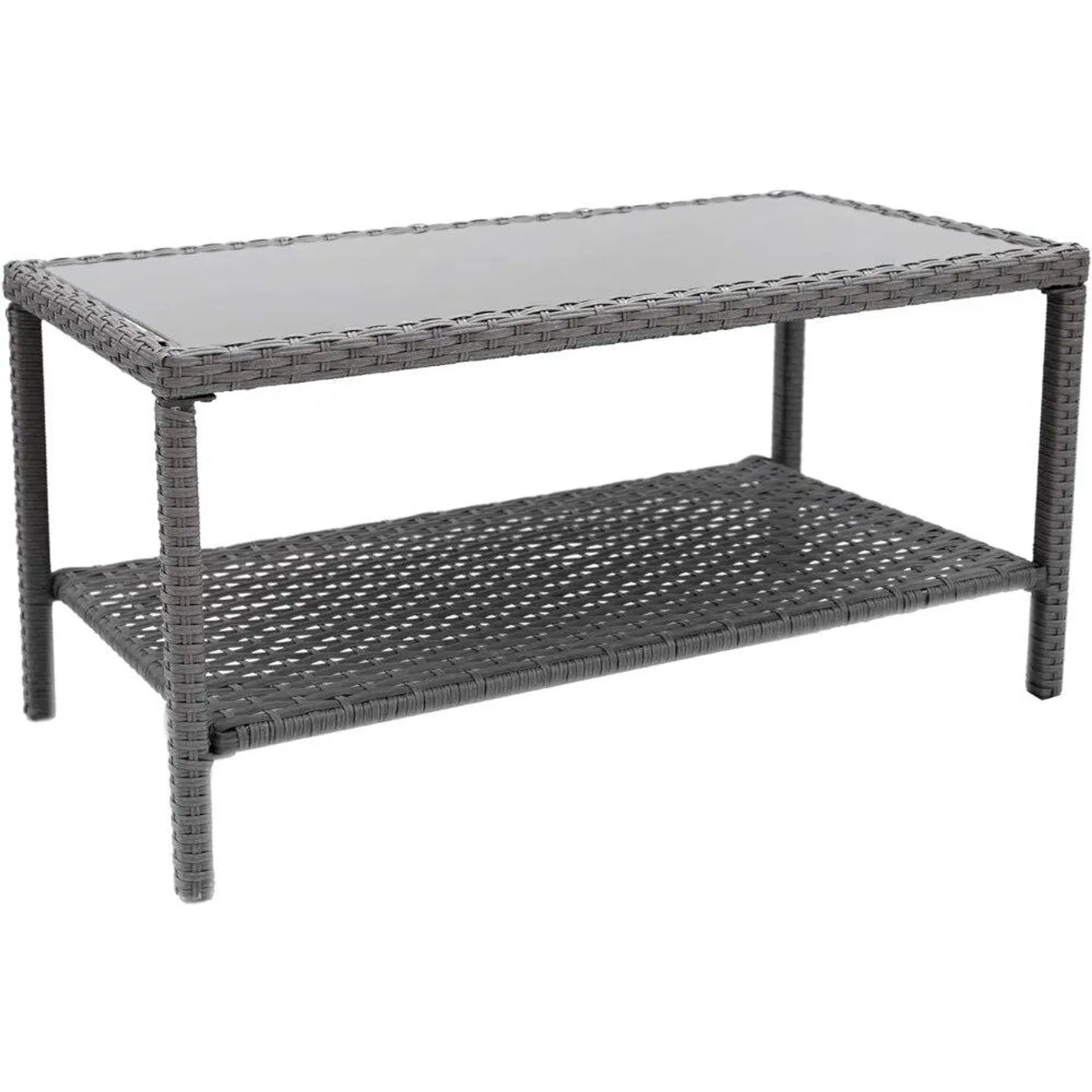 Gray All Weather Wicker With Glass Top Camping Table Small Outdoor Coffee Side End Table for Outside Patio Storage Furniture