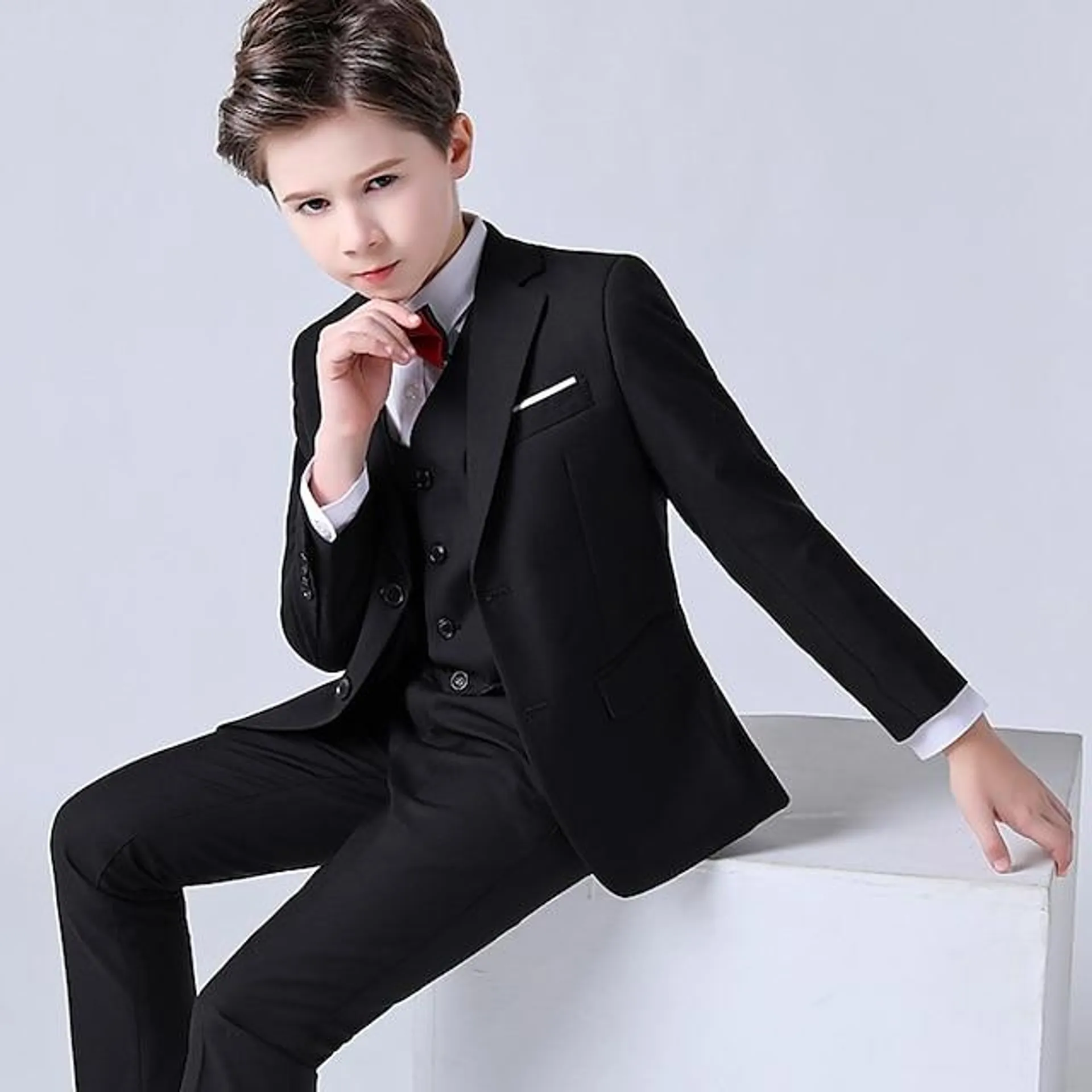 4 piezas niños niños blazer chaleco camisa pantalones conjunto formal manga larga polvoriento azul negro color sólido conjunto de ropa fiesta ocasión especial cumpleaños formal traje suave regular 3-13 años