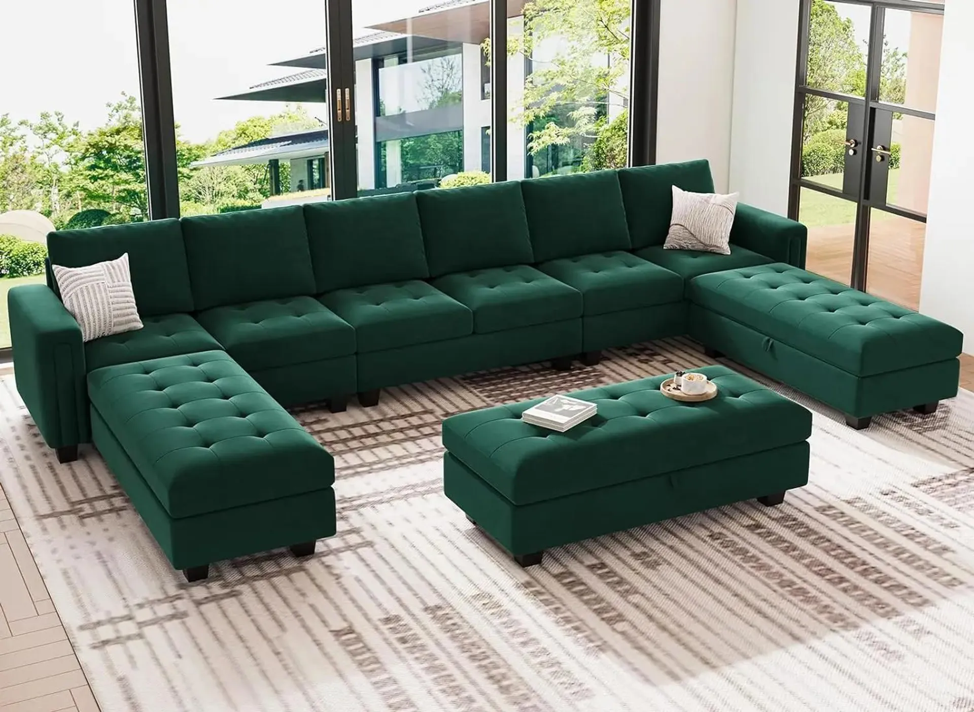 Shaped Sectional Couch Set with Storage Ottoman Modular Sectional Sofa with Revesible Chaises for Living Room Green