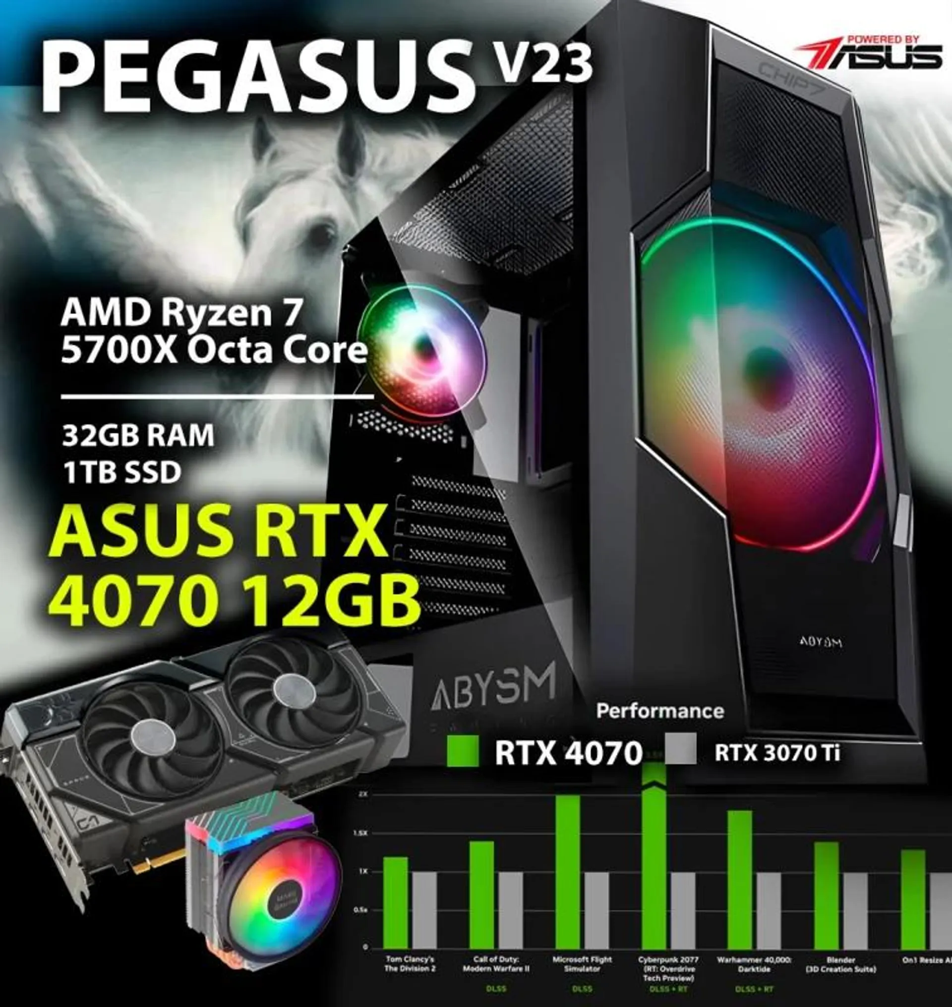 COMPUTADOR GAMING - AMD Ryzen 7 5700X / RTX 4070 12GB / 32GB RAM / 1TB SSD - CHIP7 PEGASUS V23 POWERED BY ASUS