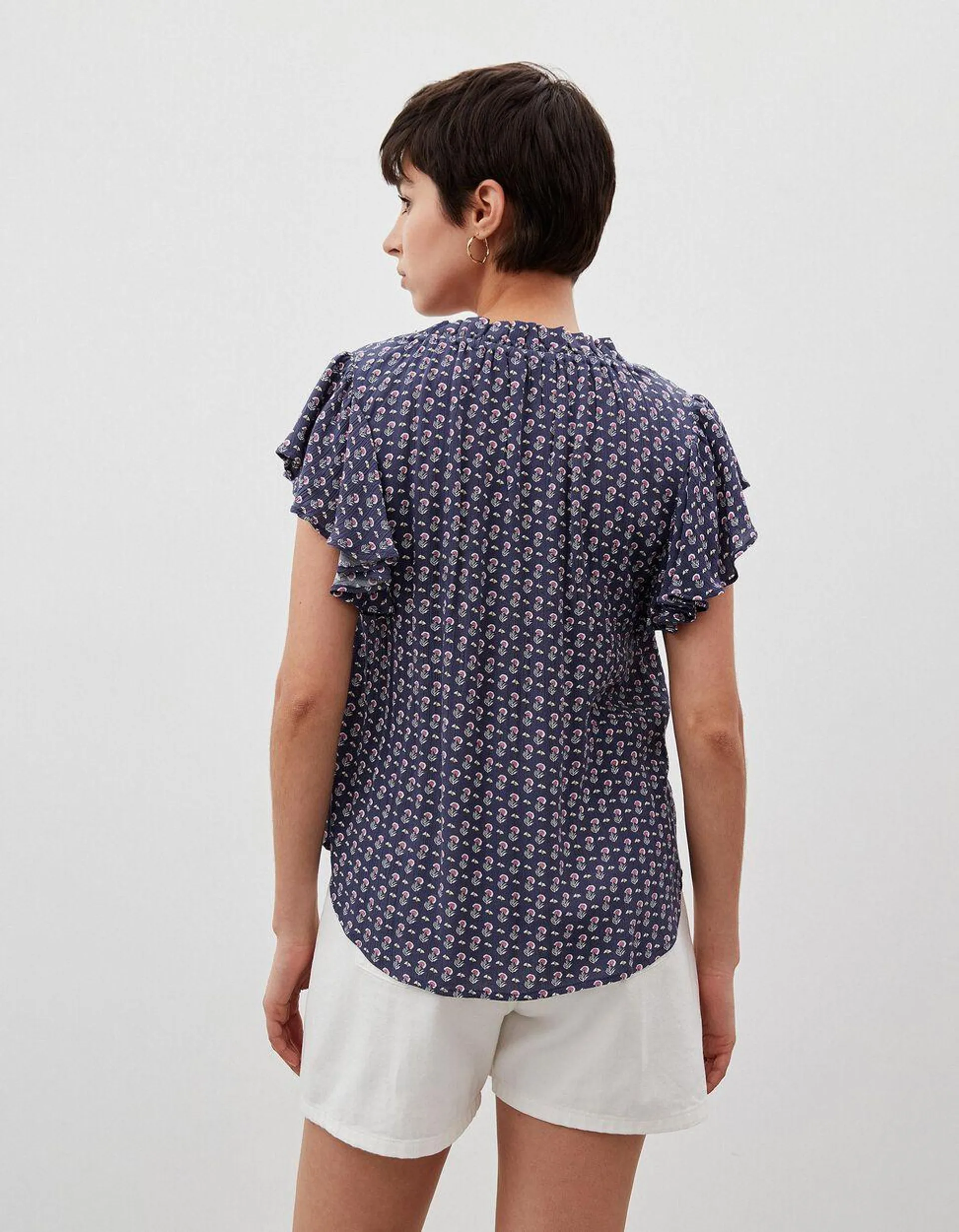 Blusa Estampada Folhos, Mulher, Azul Escuro