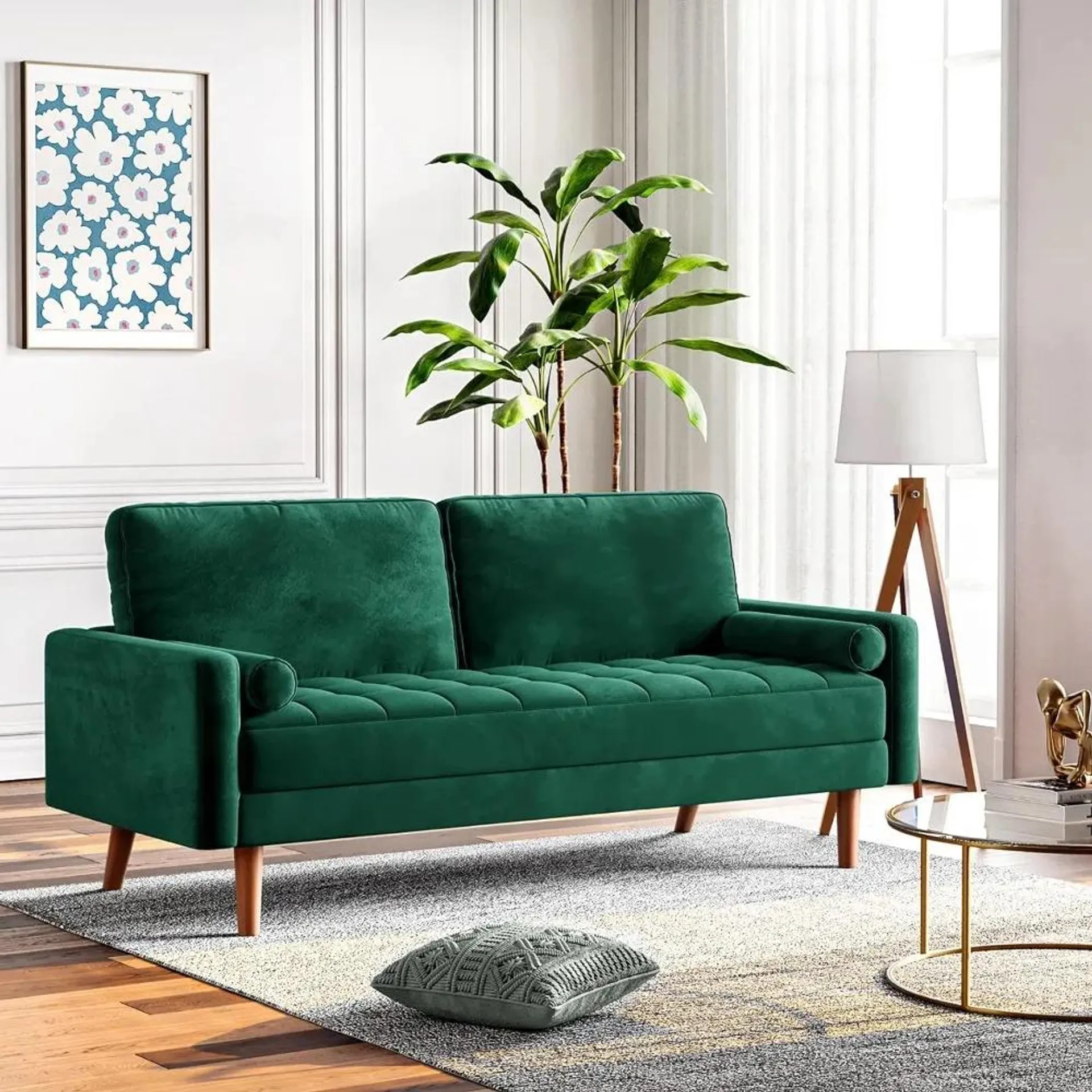 Living Room Sofas, Green Velvet Couch for Living Room, Mid Century Modern Sofa with Button Tufted Seat, Living Room Sofas