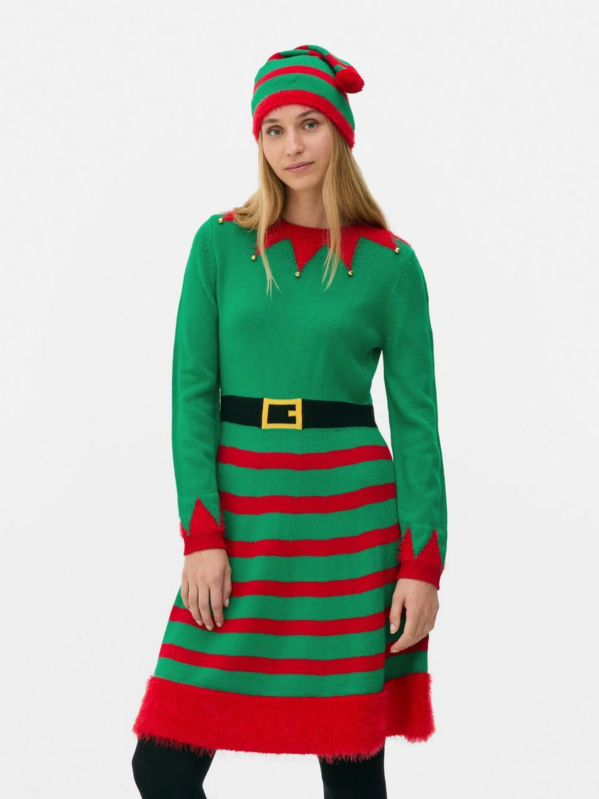 Set de gorro y vestido tipo jersey con elfo navideño