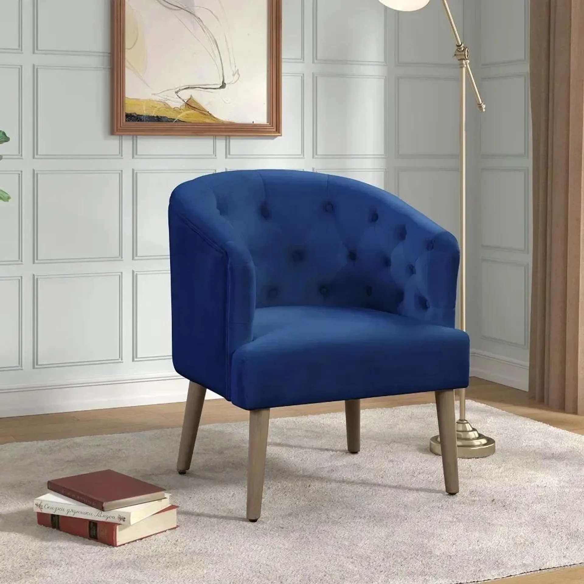 Barrel Accent Chair,Deep Cobalt Blue, Velvet Upholstery, Adult Accent Chairs for Living Room Sillones