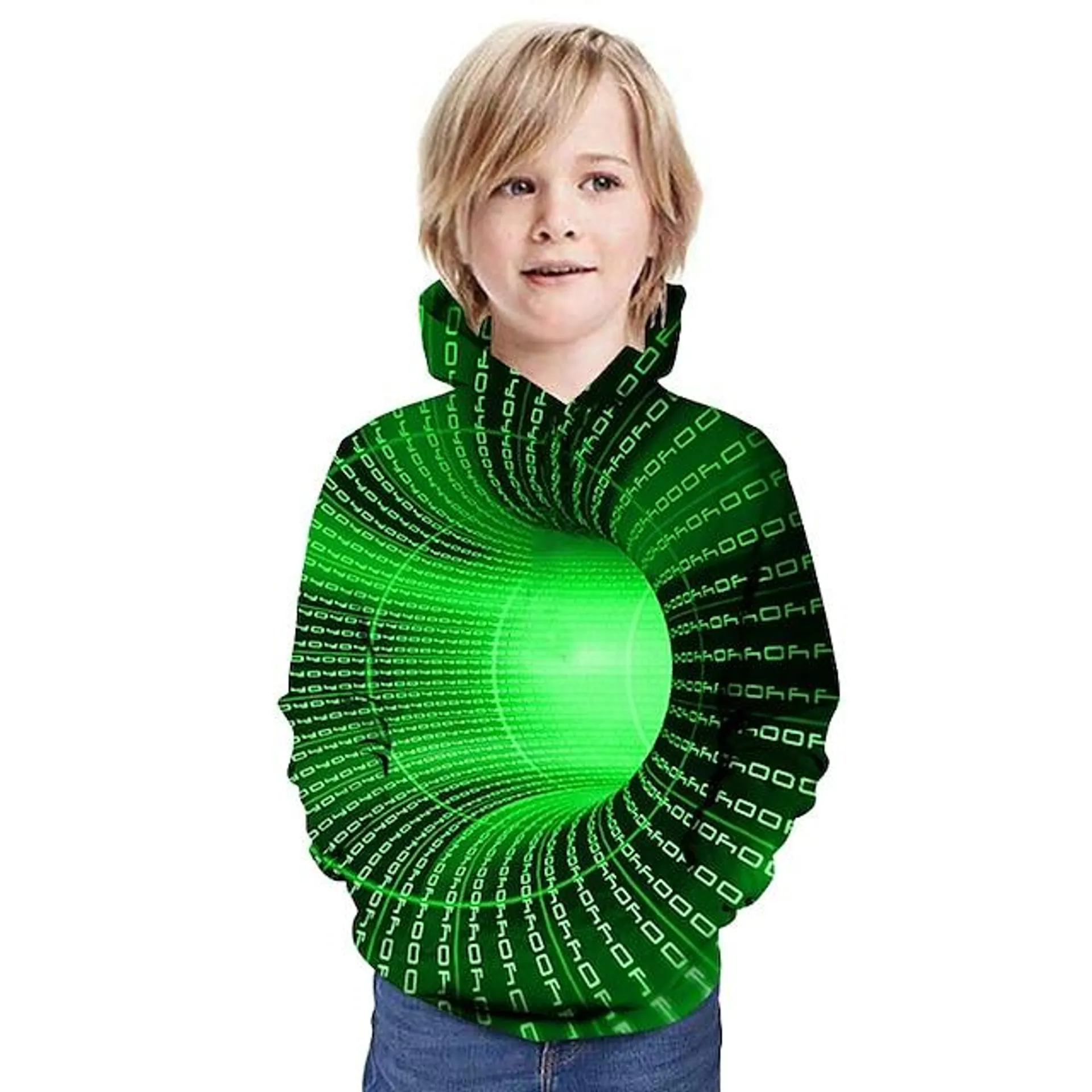 Sudadera con capucha de vértigo 3d para niños, manga larga, estampado de ilusión óptica, bolsillo, verde, rojo, amarillo, tops para niños, sudadera con capucha de moda