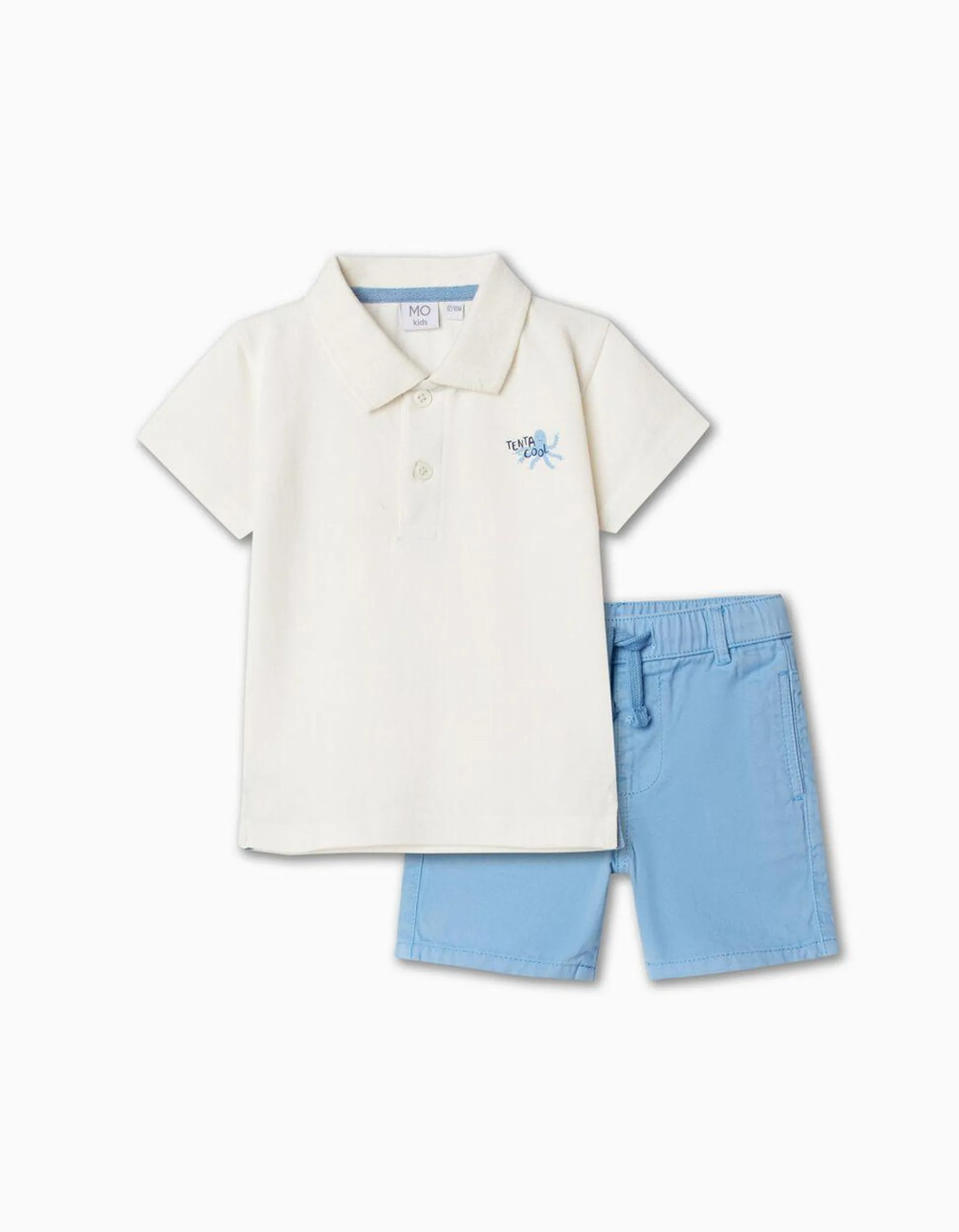 Conjunto Polo + Calções, Bebé Menino, Bege Claro/Azul Claro