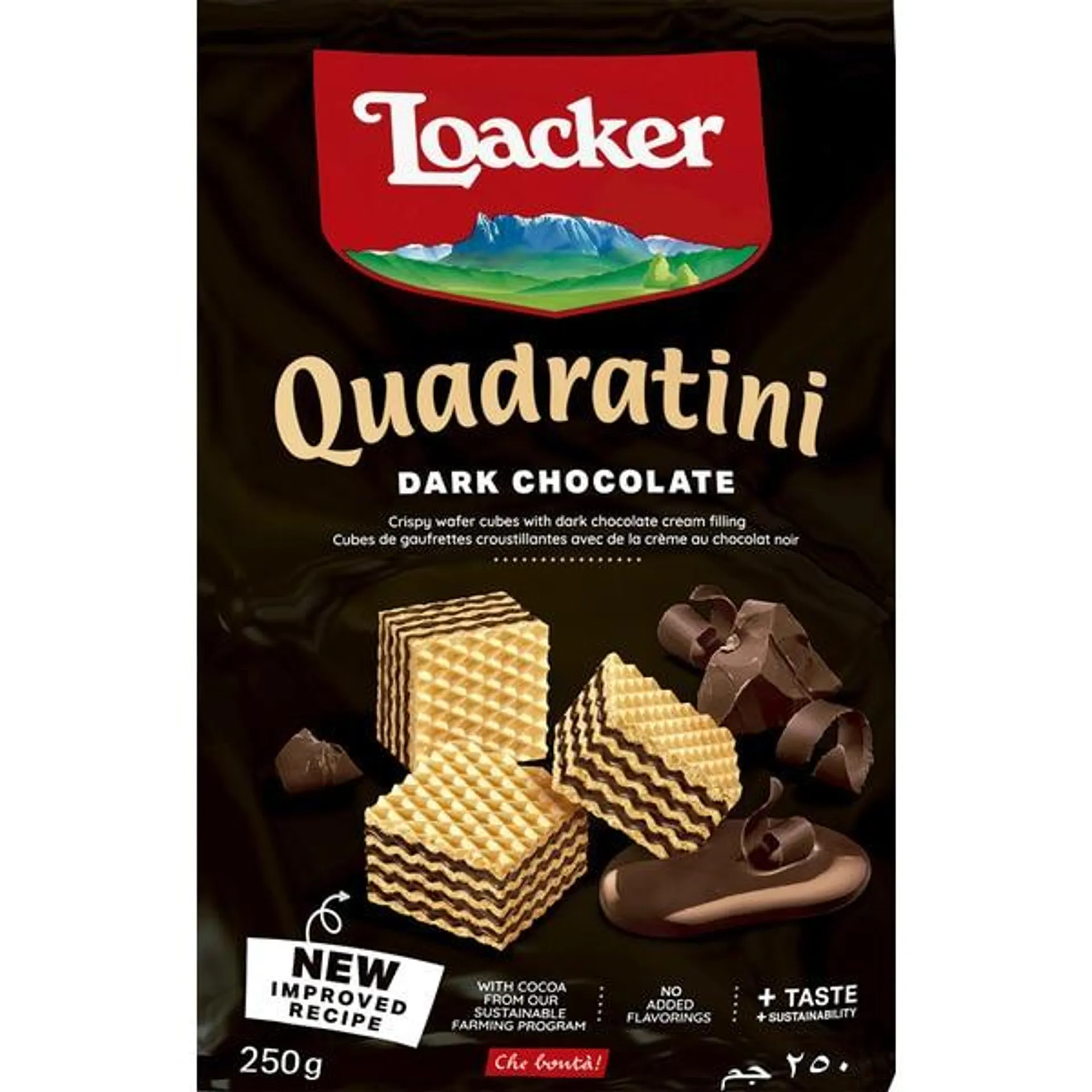 Bolachas Wafer de Chocolate Preto Quadratini embalagem 250 g Loacker