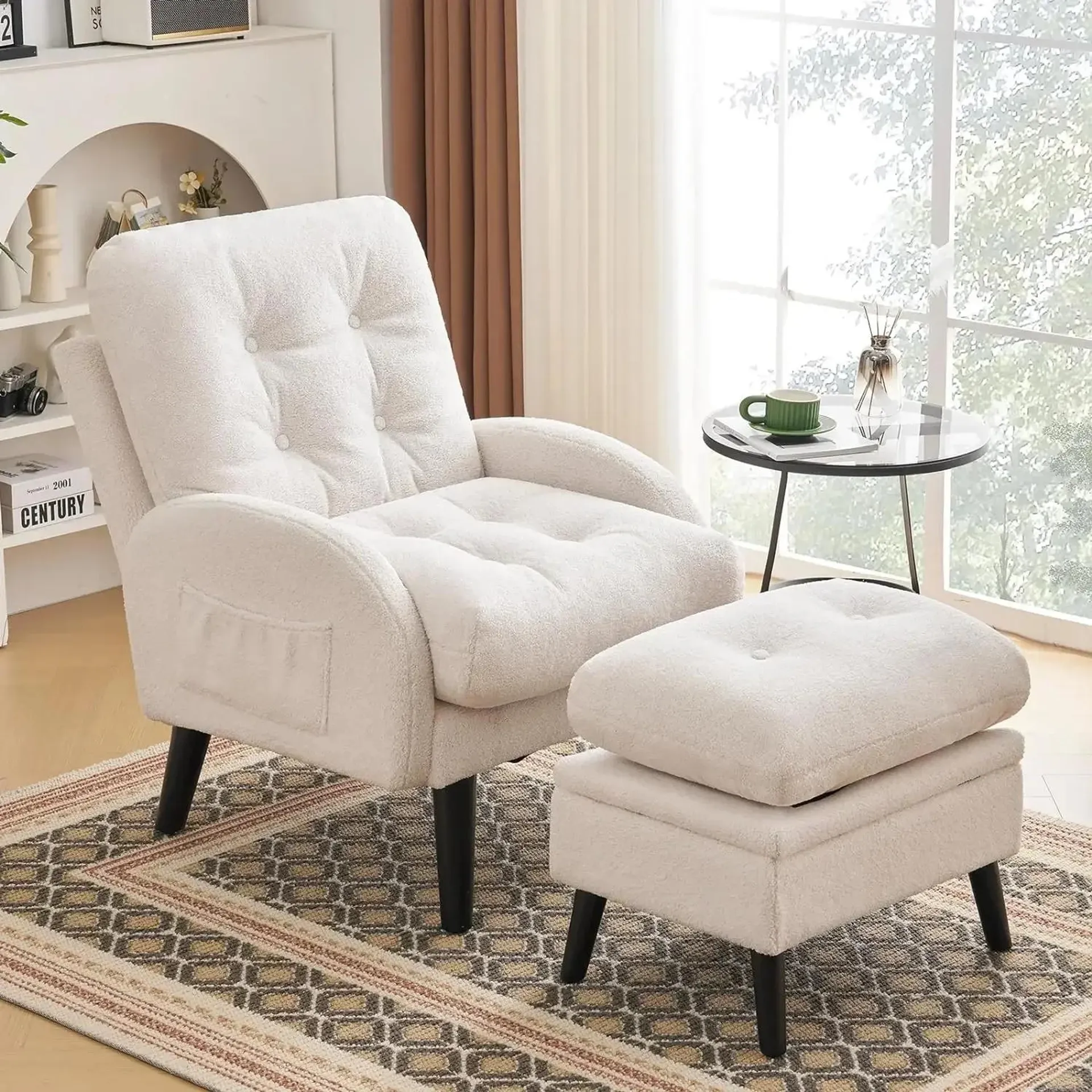 Accent Chair with Ottoman, Teddy Fabric Comfy and Storage Ottoman Set, Reading Chair with Adjustable Backrest & Side Pocket