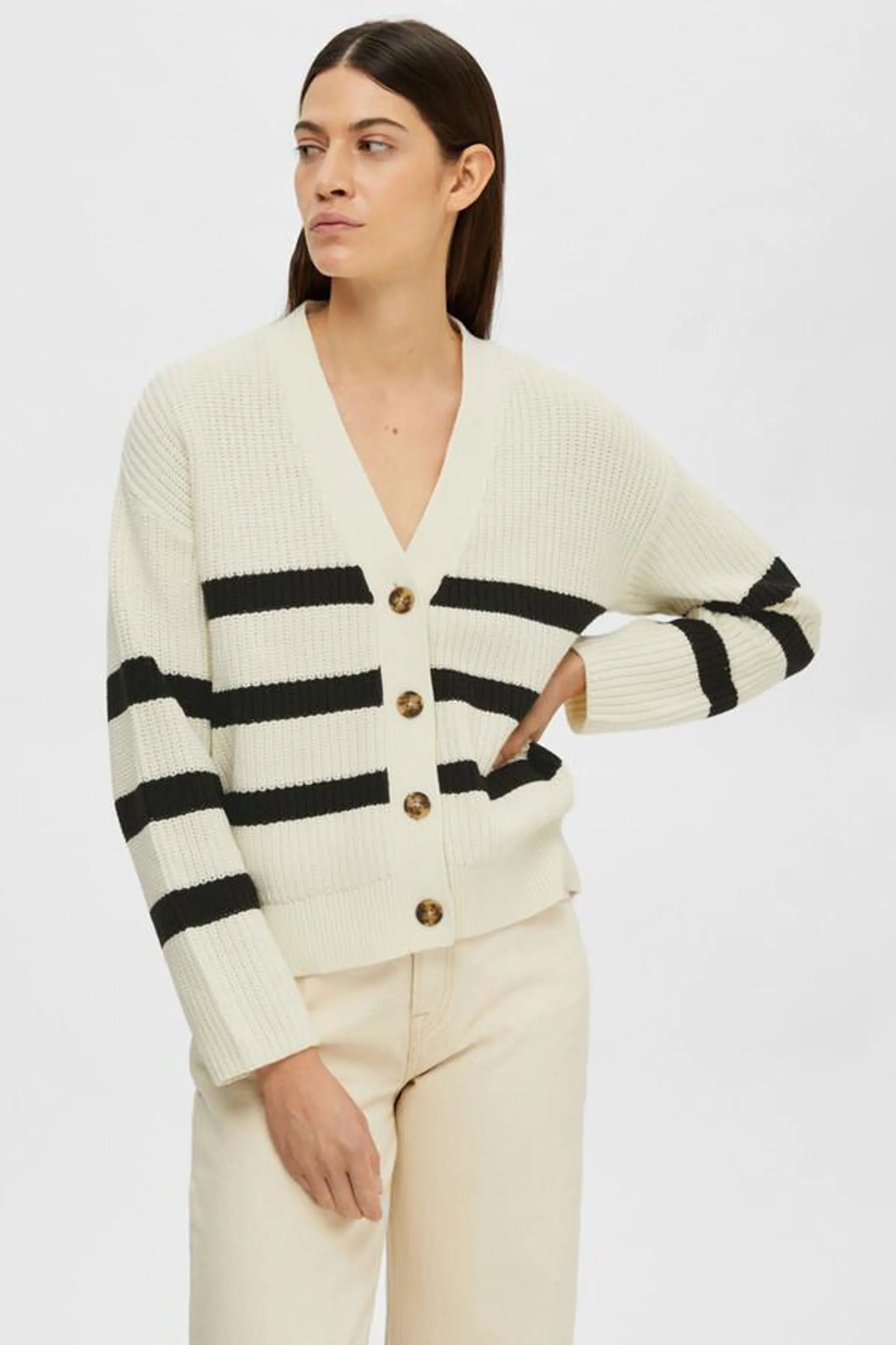 Cardigan Relaxed Fit de rallas con cuello de pico