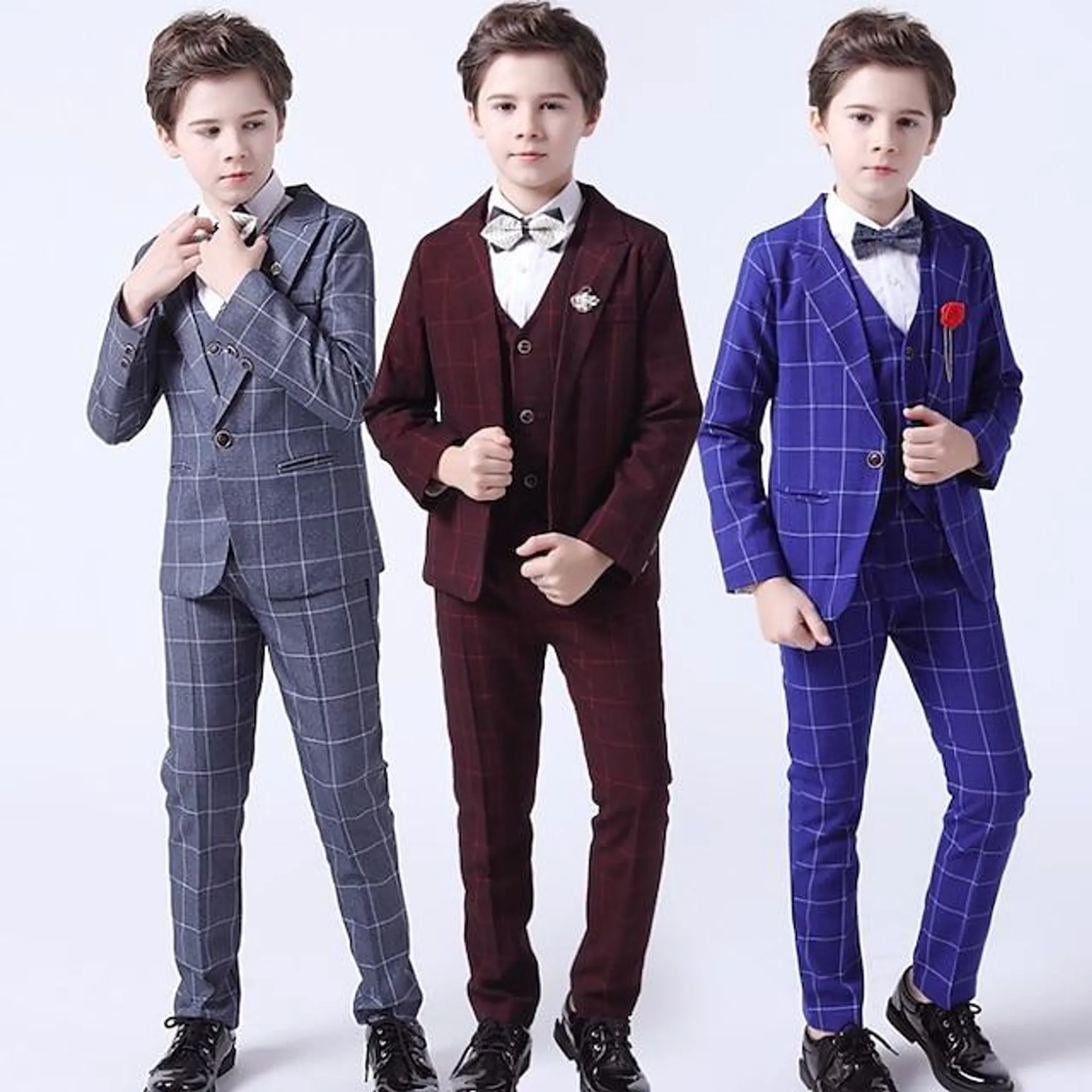 3 stuks jongens blazer vest broek feest set formele lange mouwen blauw grijs rood geruite strik katoenen kleding set zacht normaal pak