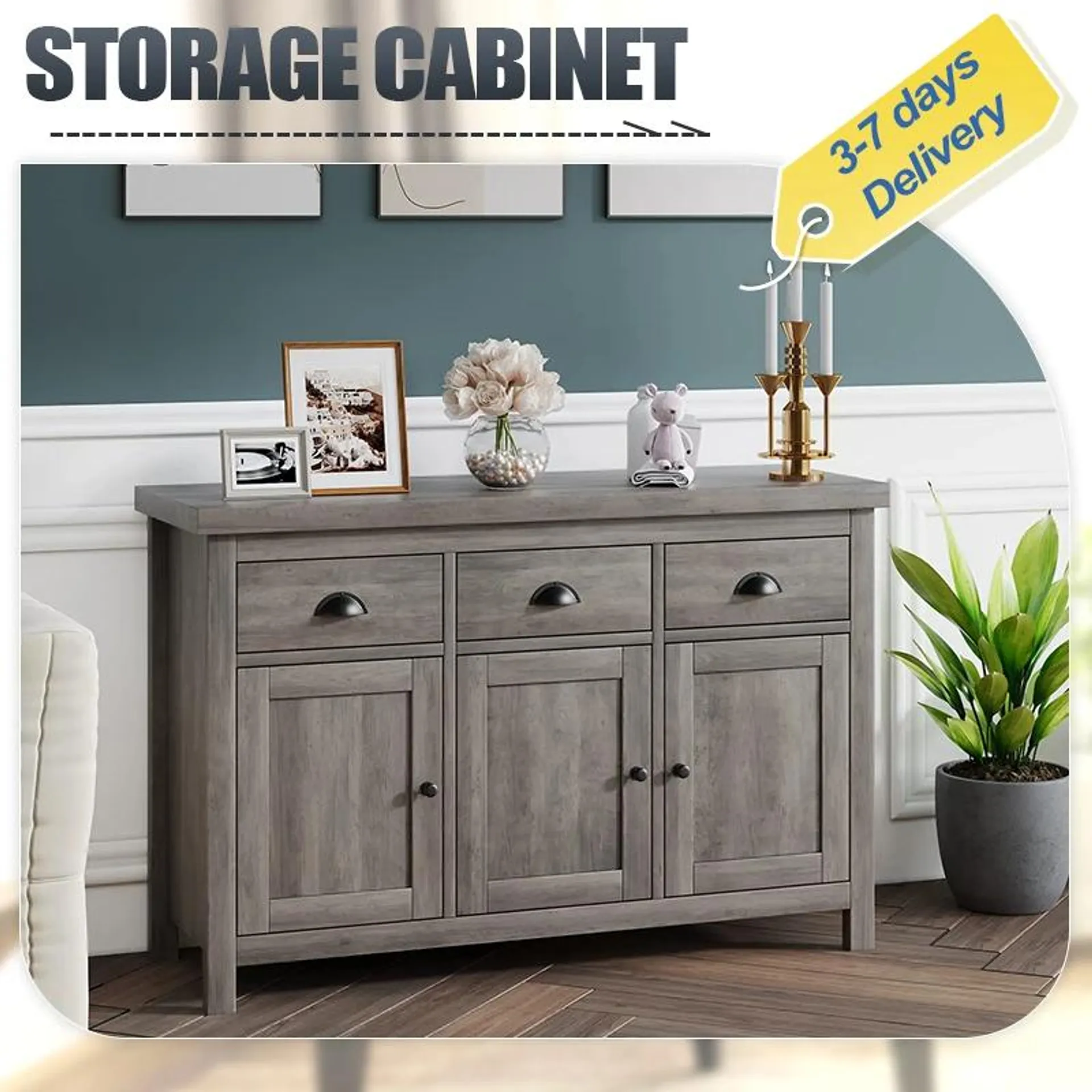 Large Storage Cabinet 3 Drawers Sideboard Buffet Cabinet Adjustable Shelf Tv Console Kitchen Dining Room