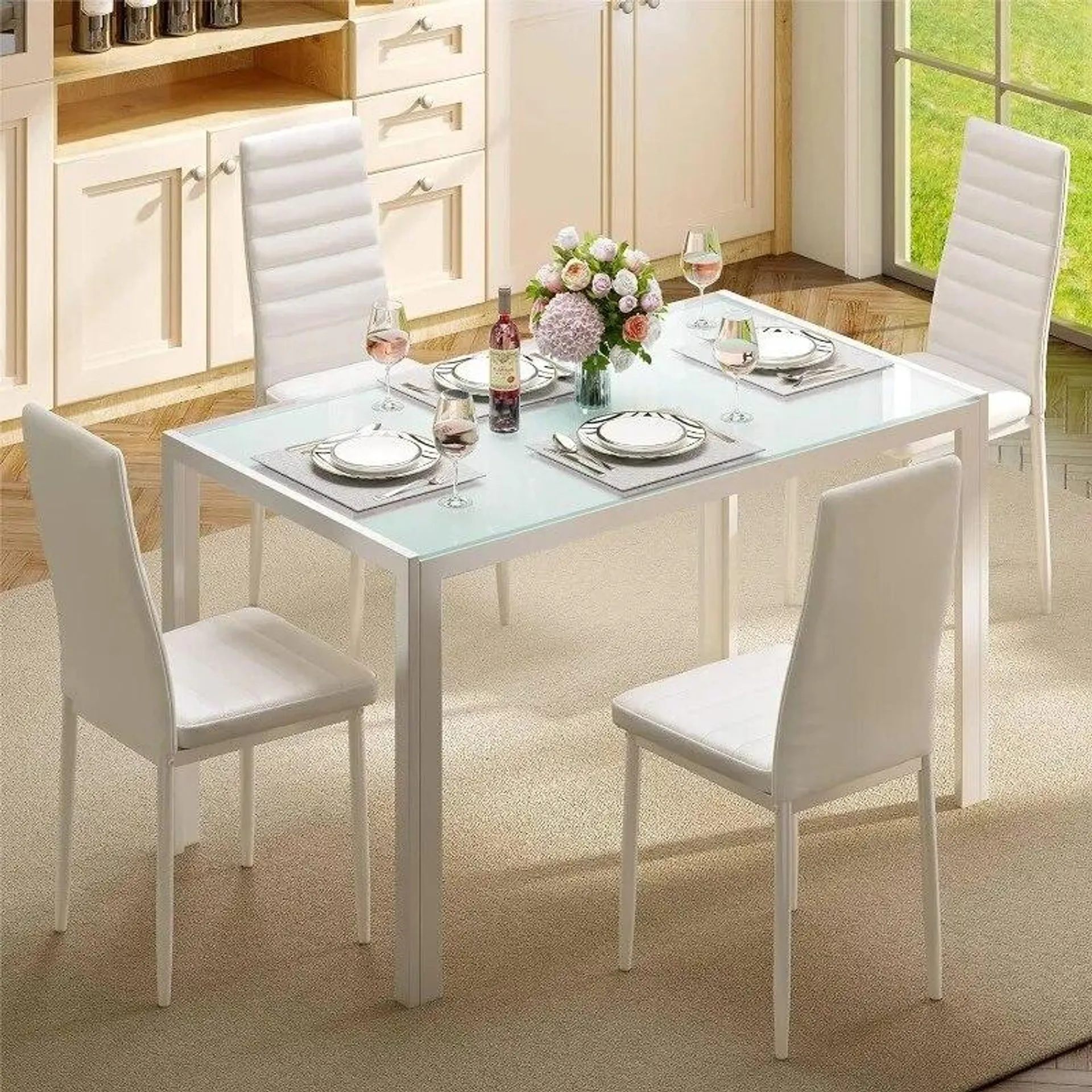Gizoon 5 Piece Glass Dining Table Set, Kitchen Table and Chairs for 4, PU Leather Modern Dining Room Sets for Home, Kitchen