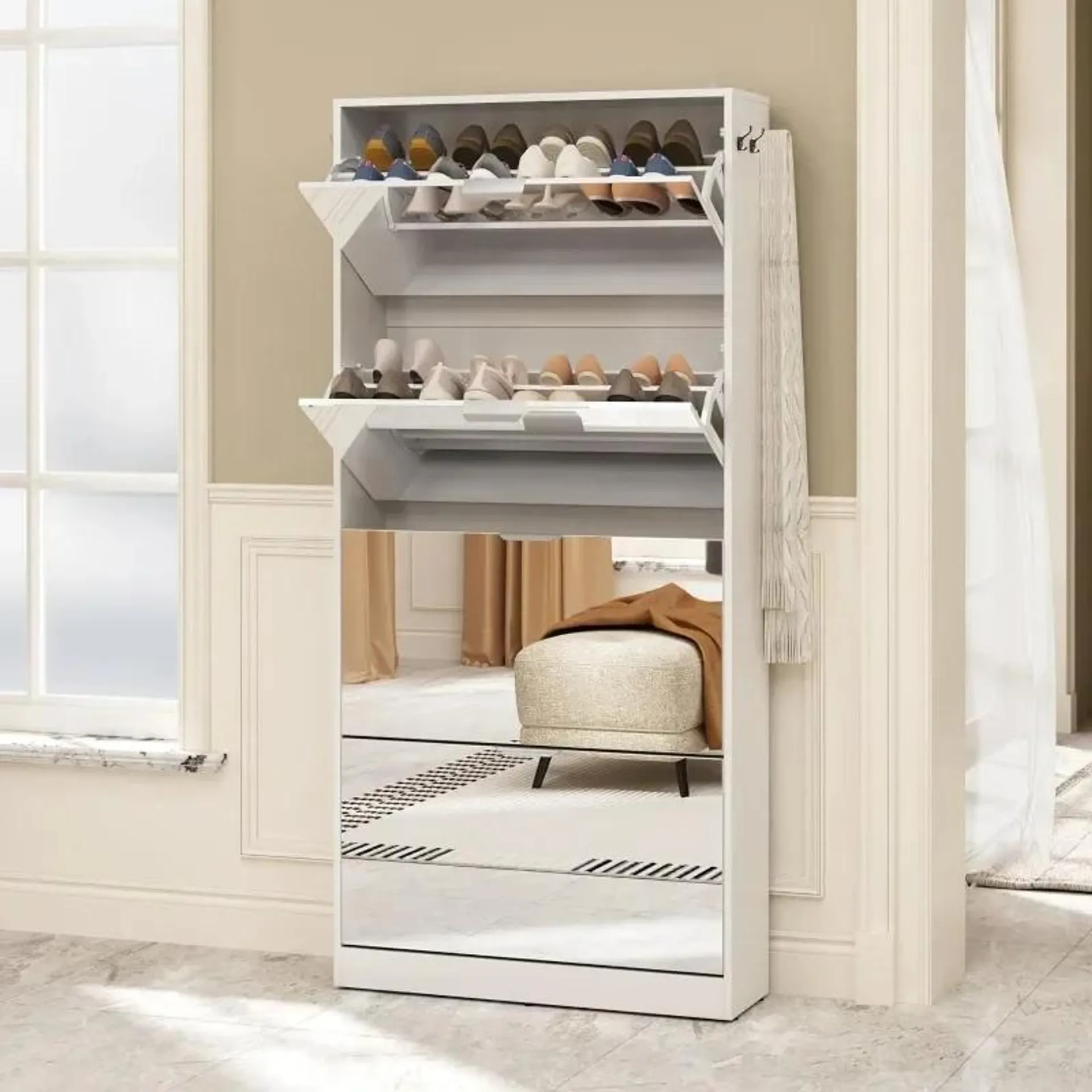 Mirror Shoe Cabinet with 4 Flip Drawers, Wooden Shoe Organizer with 4 Tier for Small Spaces, Full Length Mirror Shoe Rack