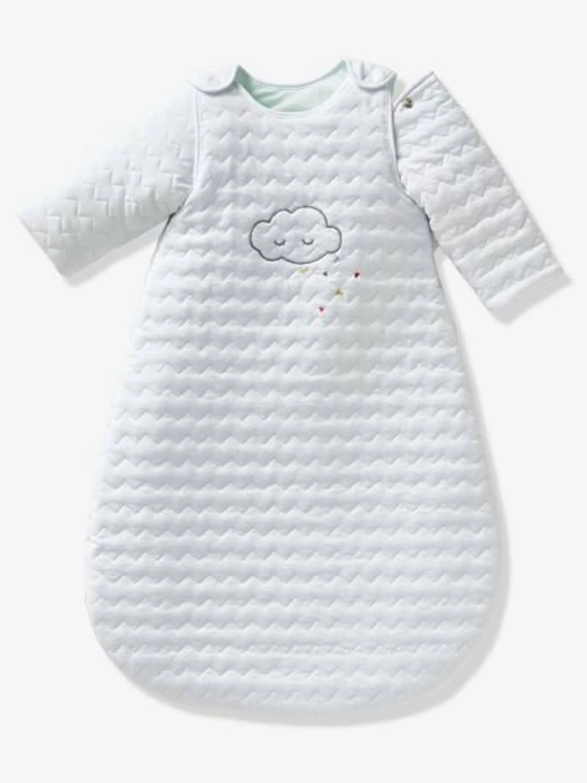 Saco de bebé acolchoado com mangas amovíveis, coleção Bio, tema Nuvem e triângulos - branco claro liso