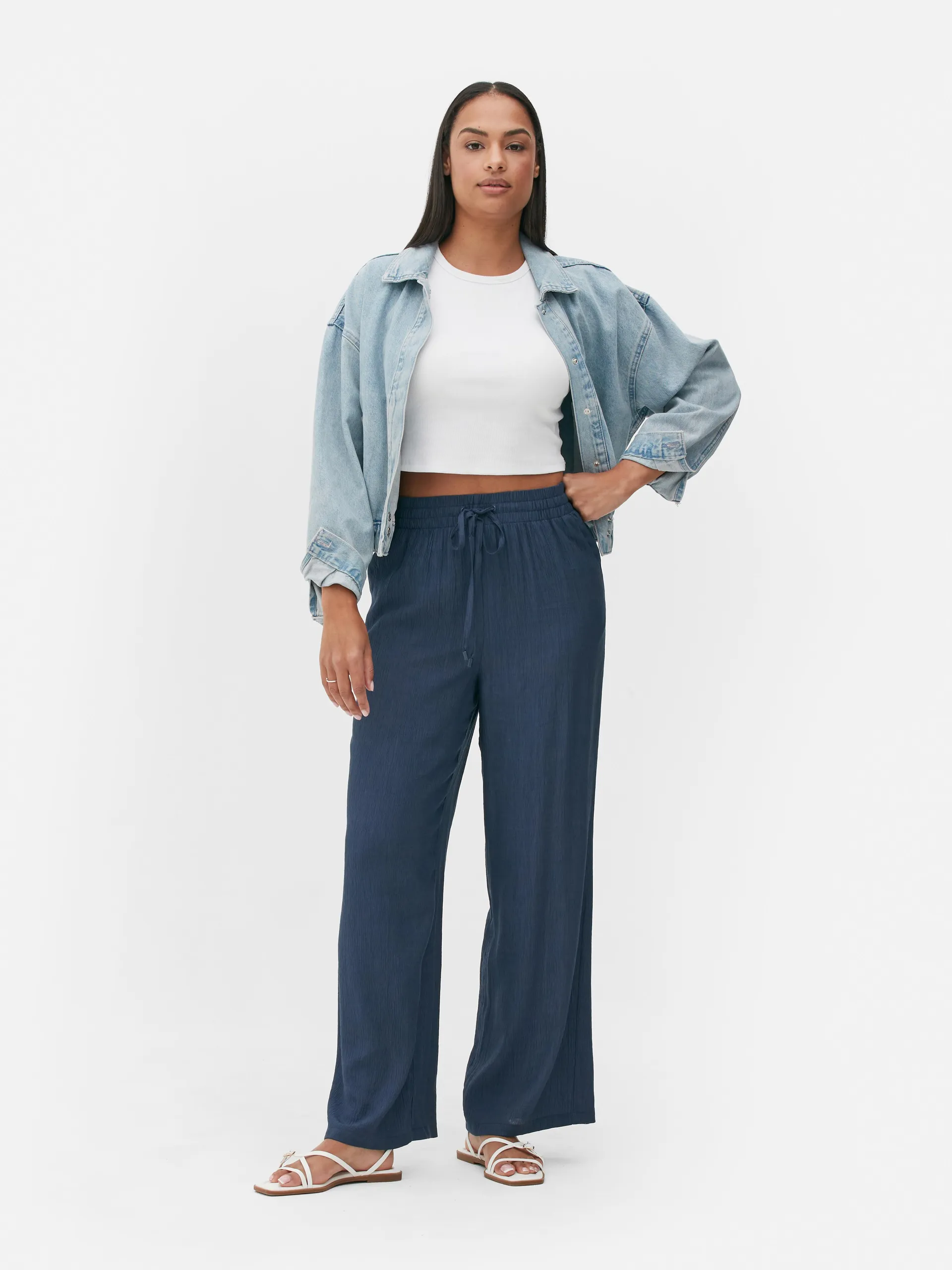 Textured Elasticated Waist Wide Leg Trousers