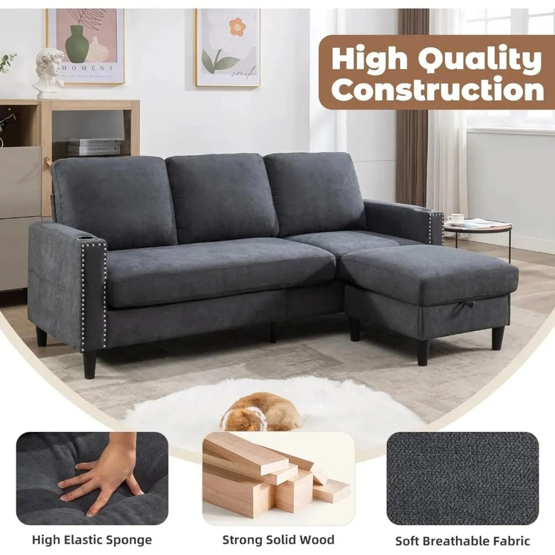 Convertible Sectional Couches for Living Room, L-Shaped Couch 3 Seats Sofas with Storage Chaise & 2 Cup Holders home furniture