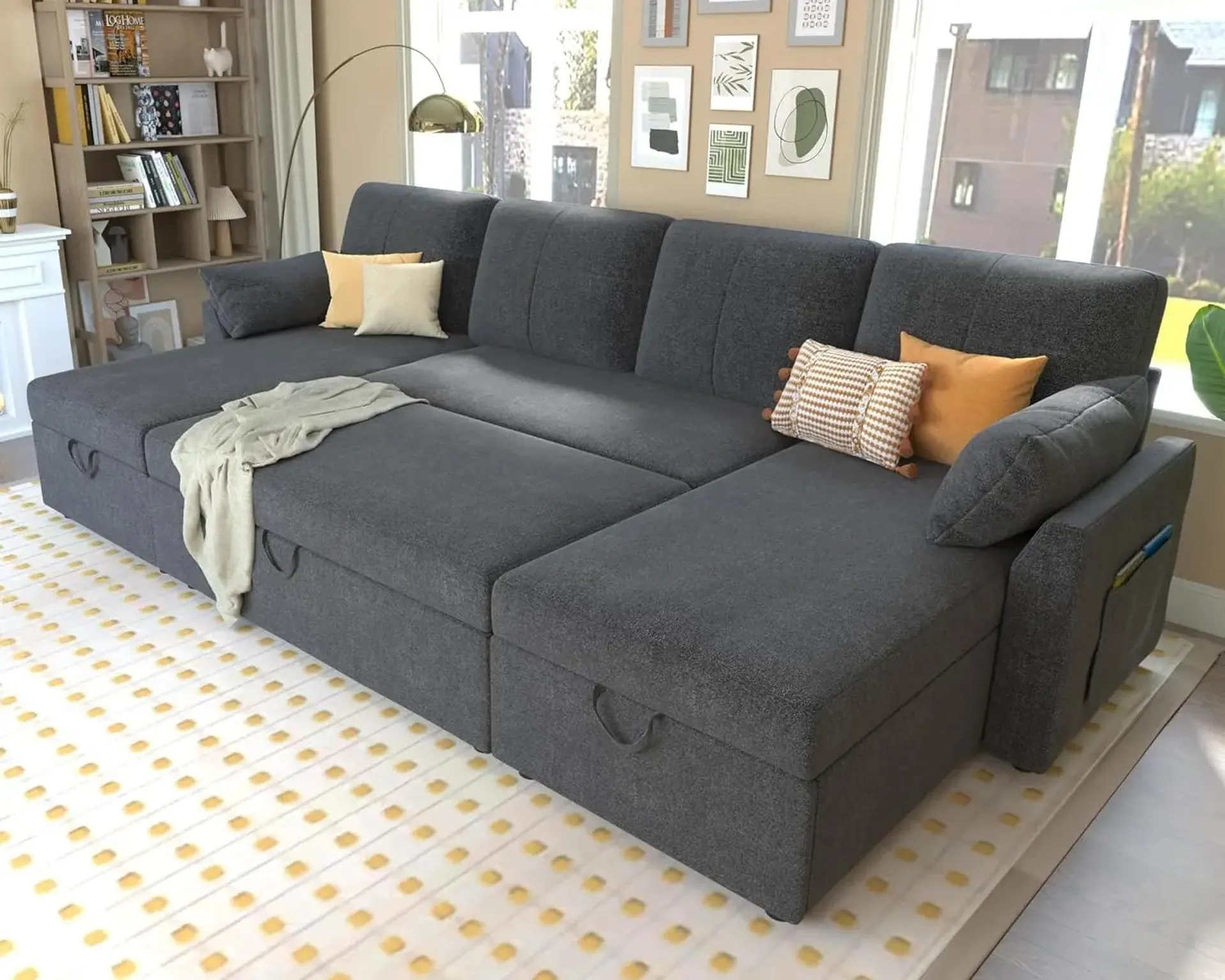 Sleeper Sofa Oversize 2 in 1 Pull Out Bed Sectional Sleeper Sofa with Double Storage Chaise for Living Room