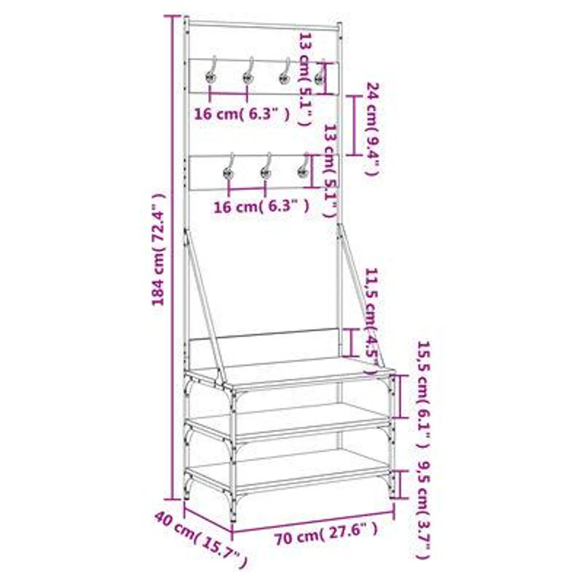 vidaXL Bengaleiro c/ arrumação de calçado 70x40x184 cm preto