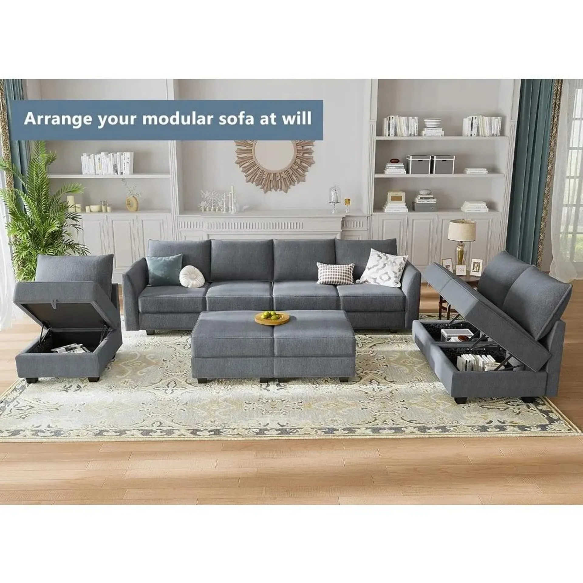 Living Room Sofa with Storage Seat Reversible, Oversized Sleeper Sectional Sofa Set, Modular Sectional Sleeper Sofa Bed