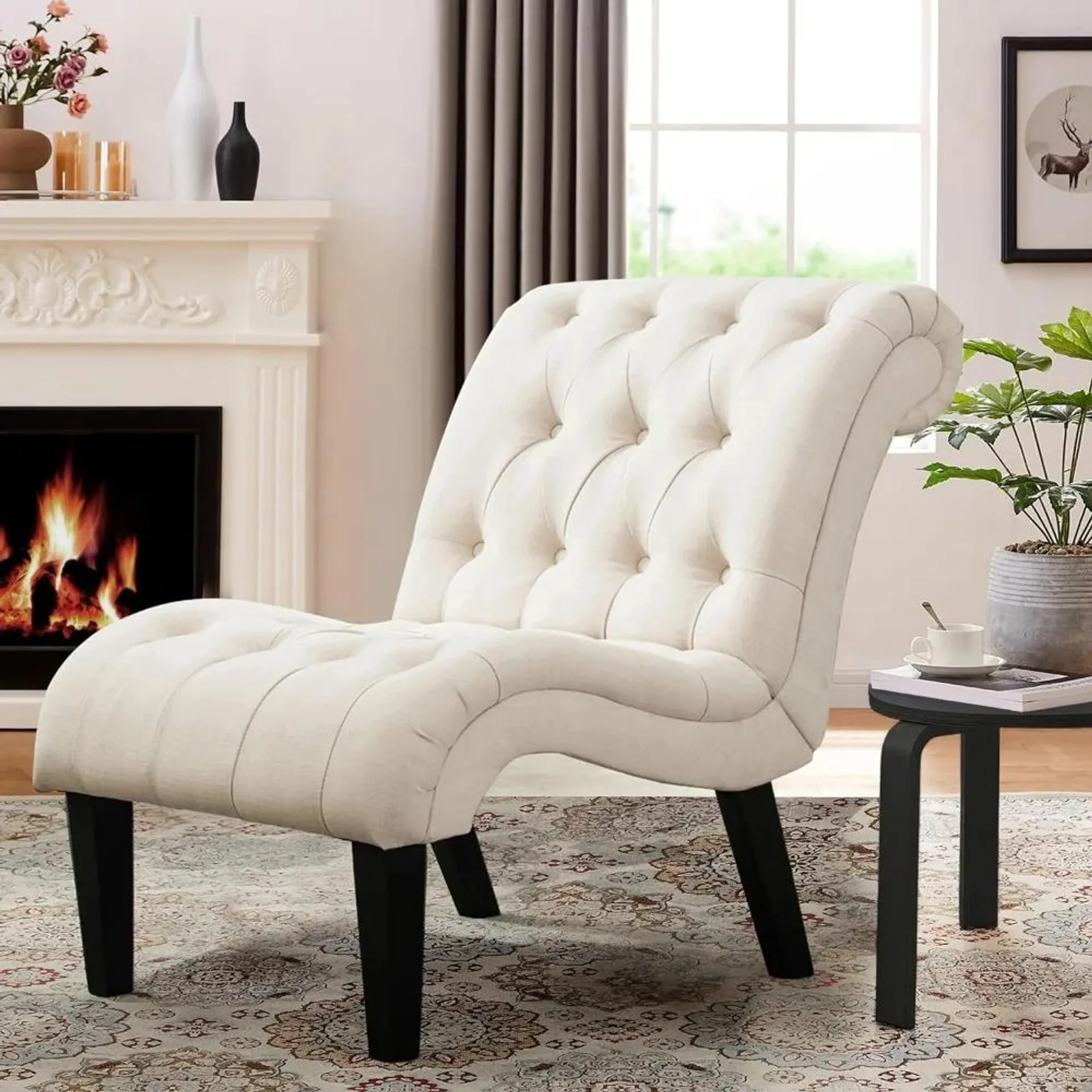 Accent Chair for Bedroom Living Room Chairs Tufted Upholstered Lounge Chair with Wood Legs Linen Fabric