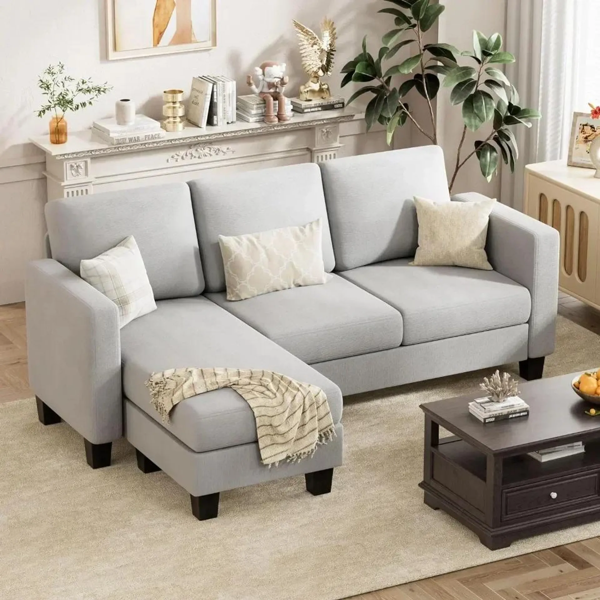 Living Room Sofas,3 Seat L-Shaped Sofa with Linen Fabric,Movable Ottoman Small Couch for Small Apartments,Living Rooms Sofa Sets