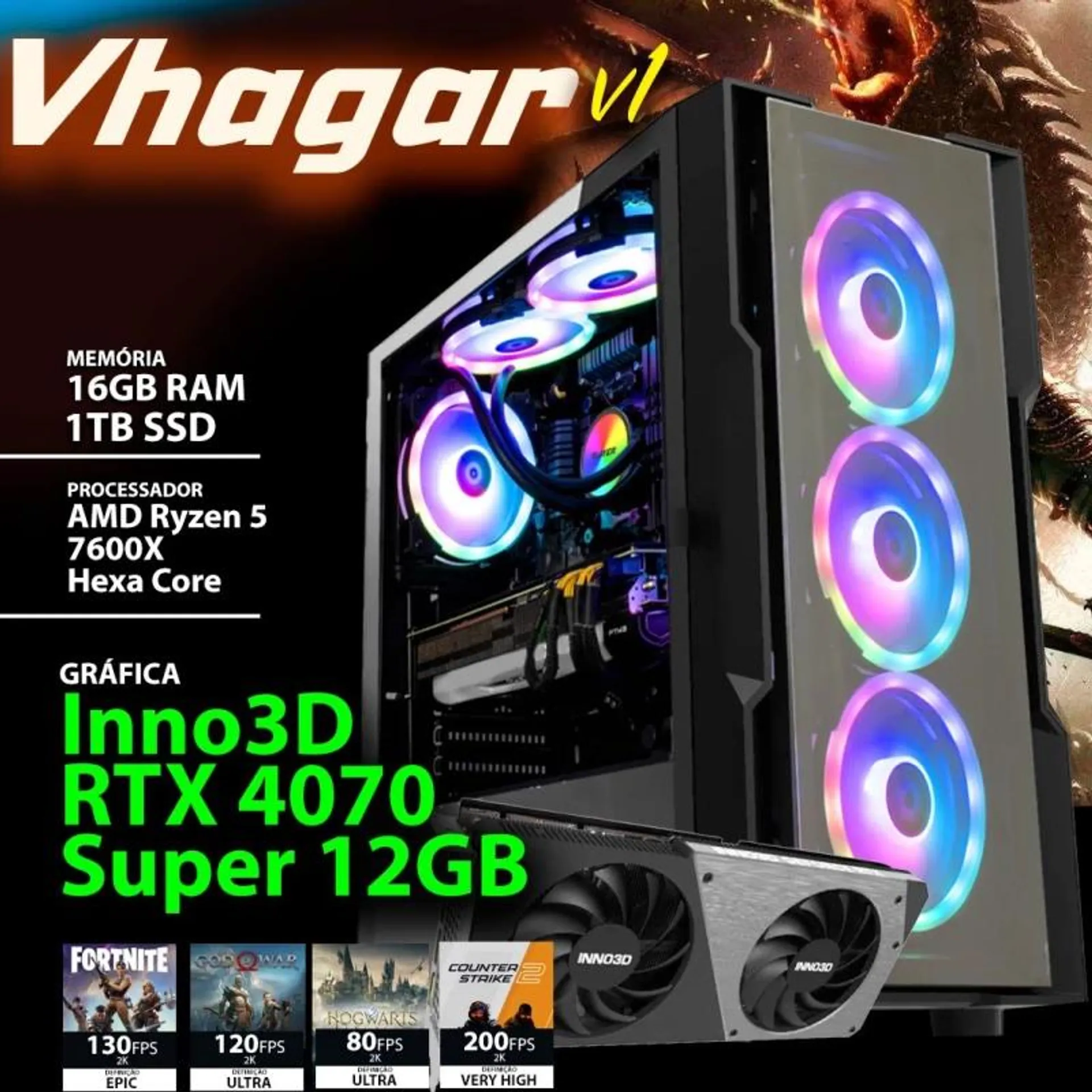 COMPUTADOR GAMING - AMD RYZEN 5 7600X / RTX 4070 Super 12GB / 16GB RAM / 1TB SSD - CHIP7 VHAGAR V1