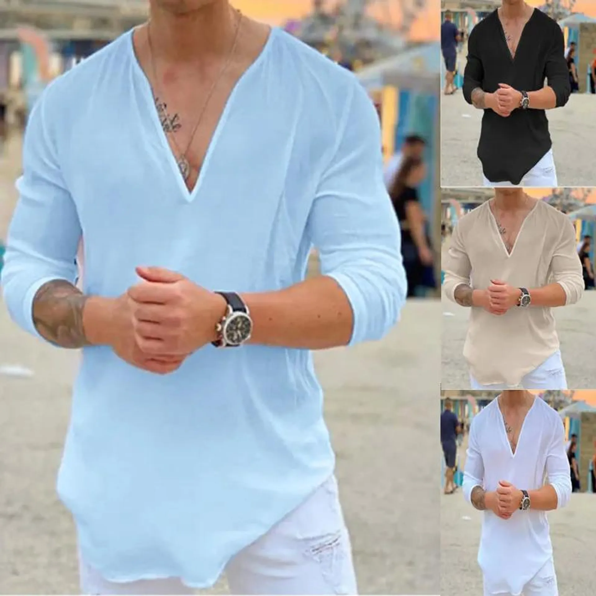 Europe and the United States men's new fashion V-neck casual solid color cool breathable pure cotton solid color T-shirt