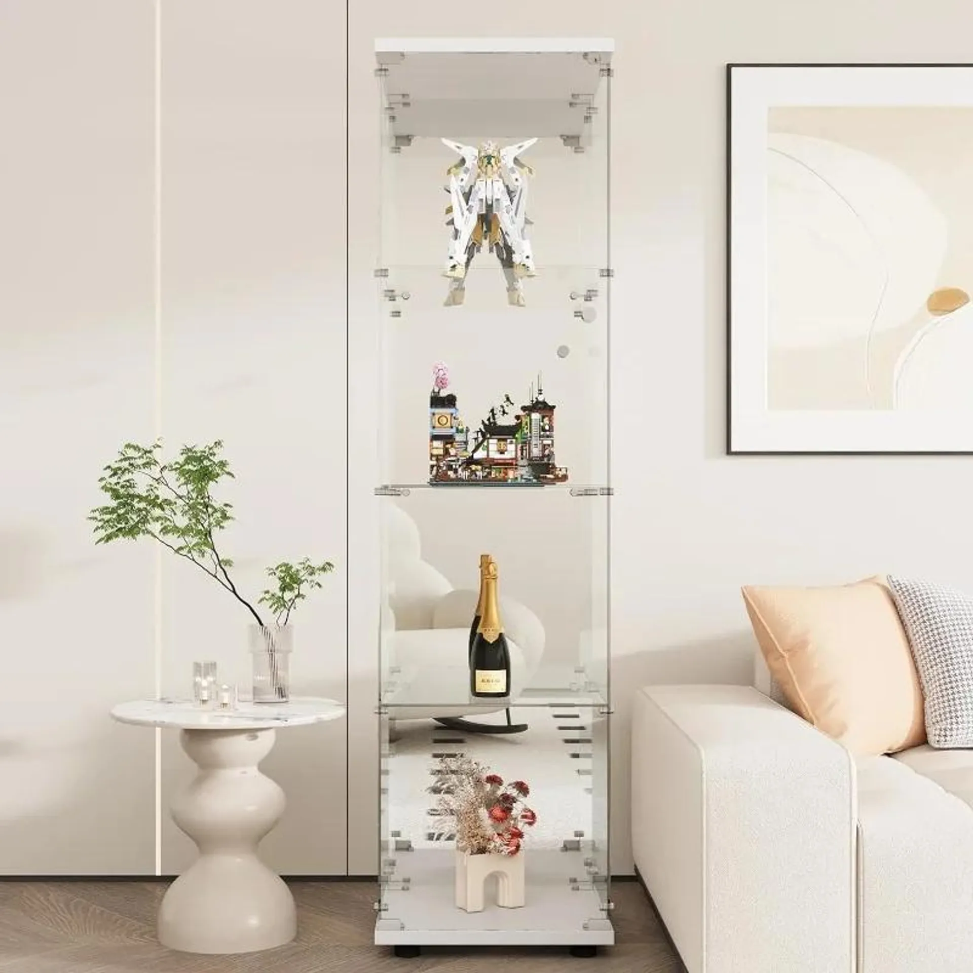 Glass Display Cabinet with Mirror Back Panel, 4 Shelves, Curio Cabinets for Living Room, Bedroom, Office