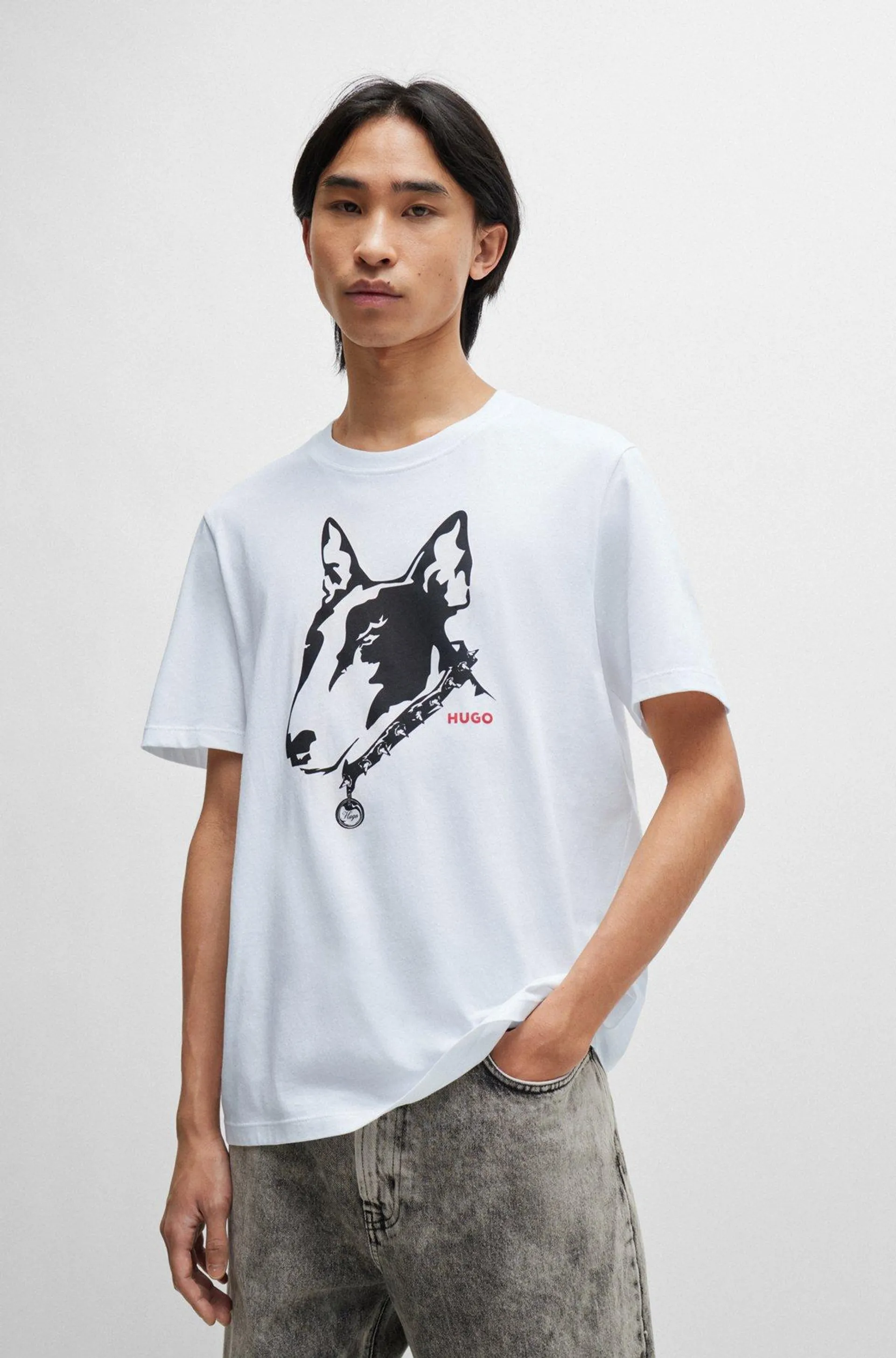 T-shirt em jersey de algodão com arte de cão