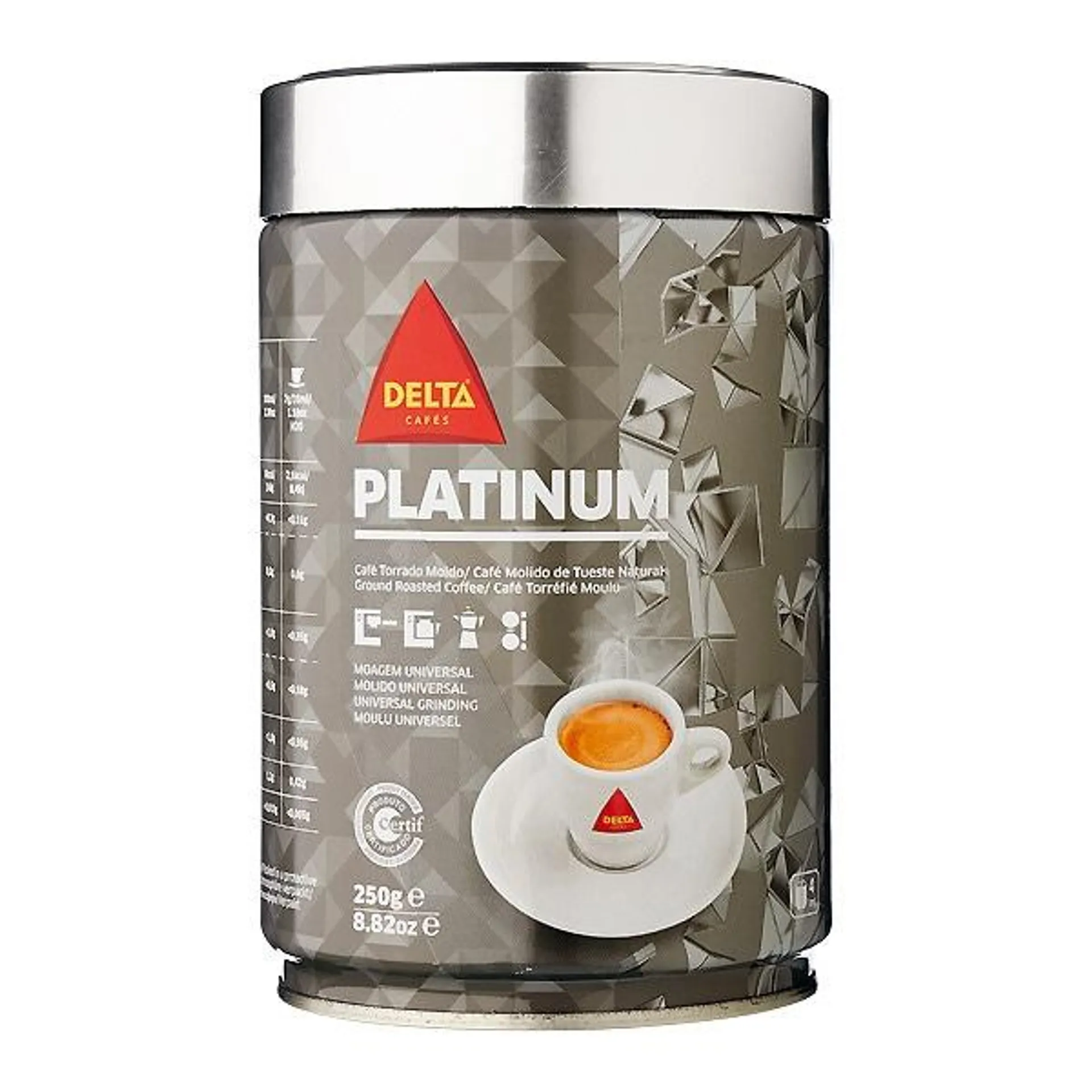 Café Moído Torrado Moagem Universal lata 250 g Delta Platinum