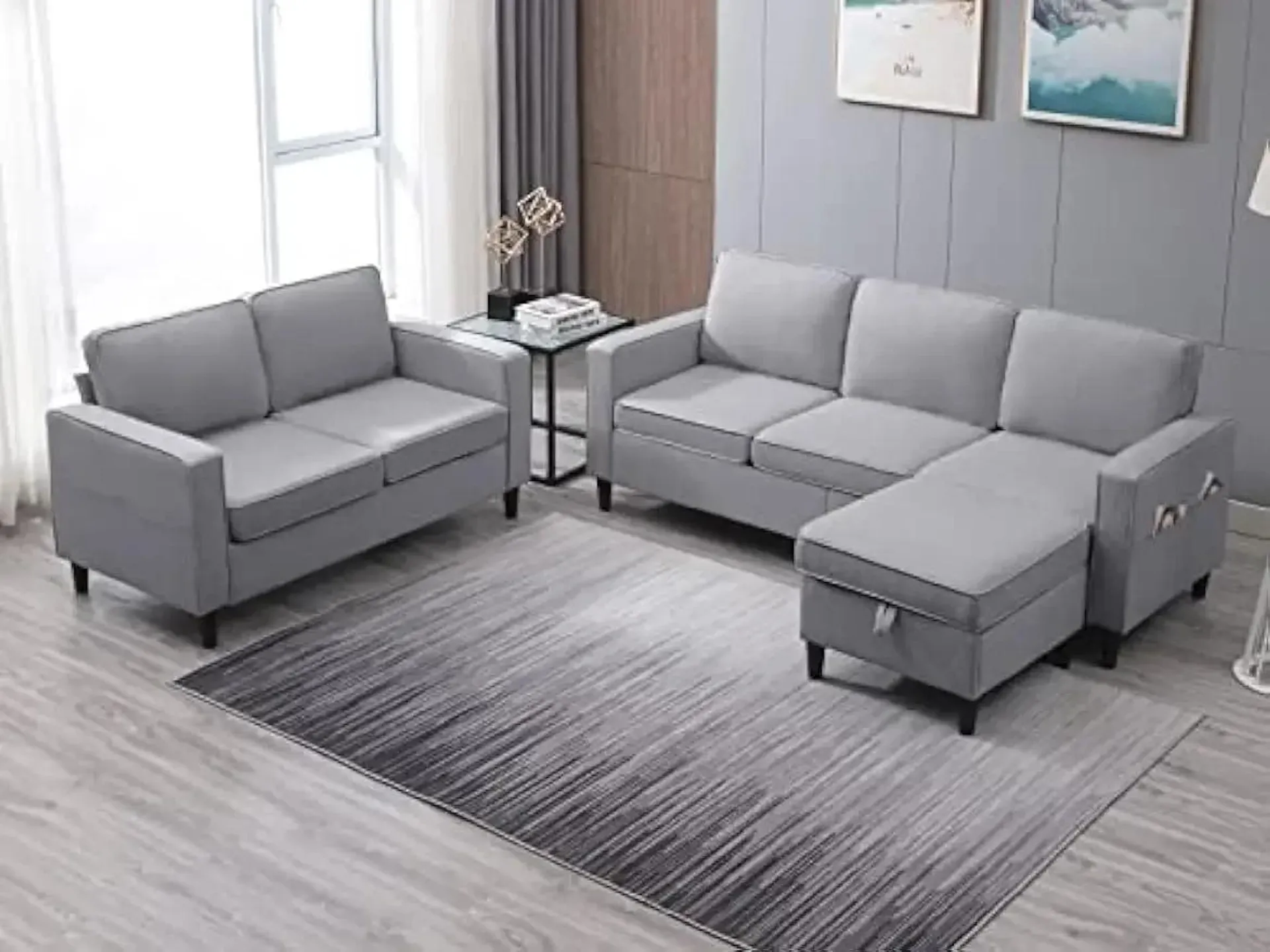 3 Pieces Sofa Sets, Included 3 Seat L-Shaped Sectional Couch and Loveseat and Storage Ottoman, Linen Fabric, Wooden Legs