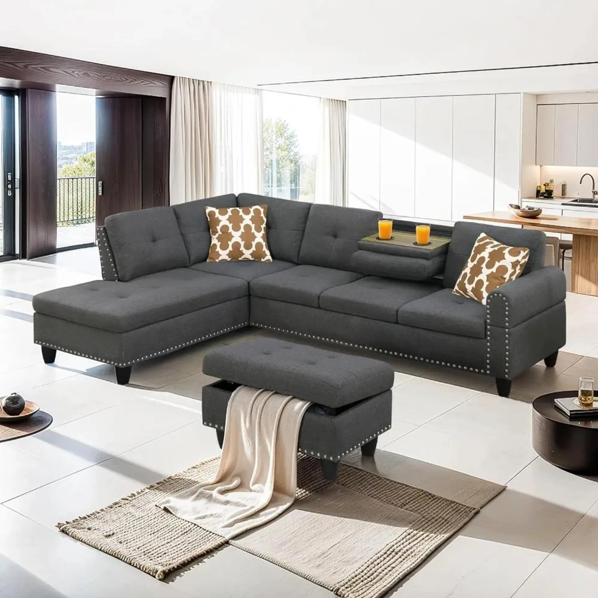 Living Room Sofas,Convertible Sectional Sofa with Storage, 4 Seat L Shaped Couch with Chaise and Cup Holder, Livings Room Sets