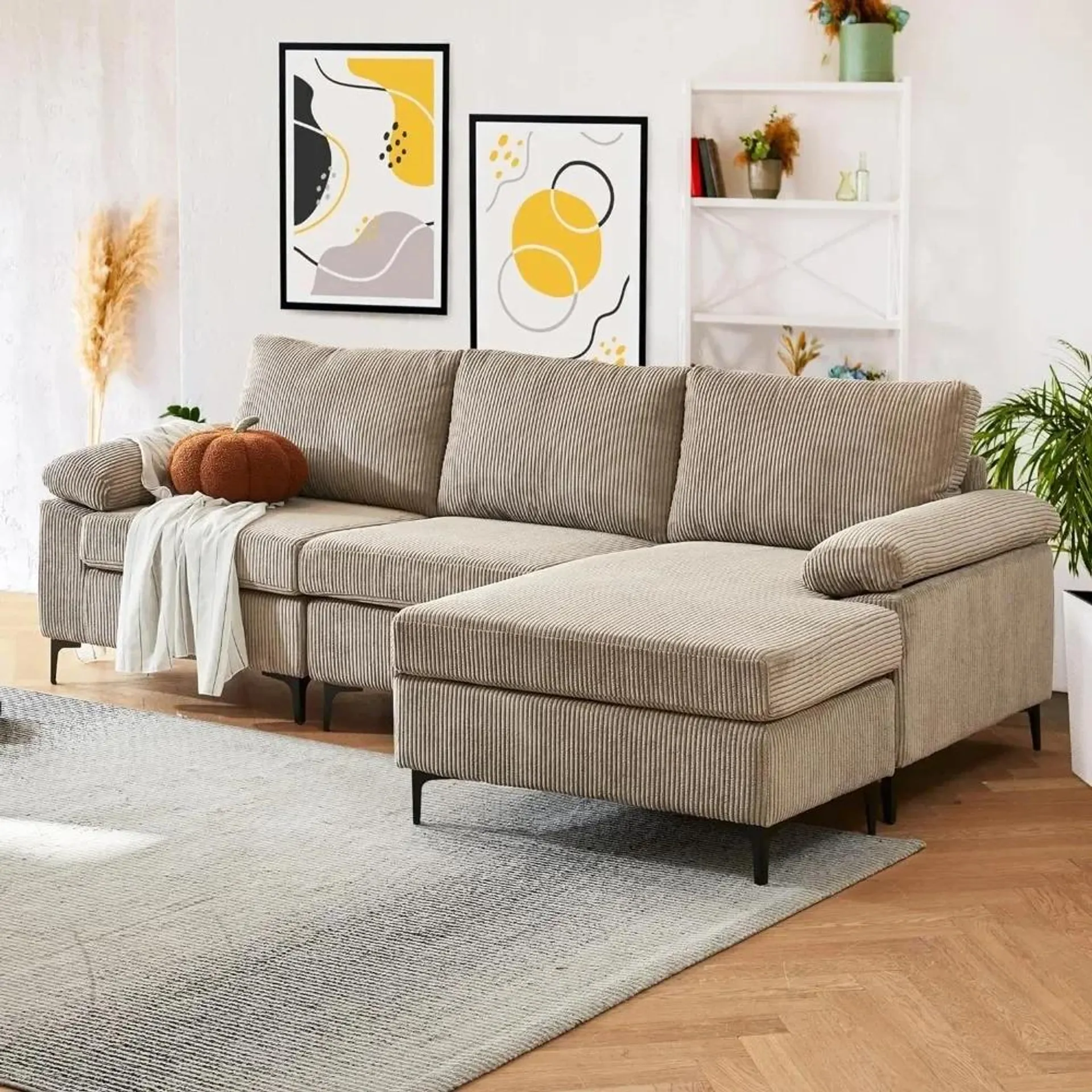 Living Room Sofas,Couch Modern 3-Seat Corduroy Fabric with Reversible Chaise for Living Room,Living Room Sofas