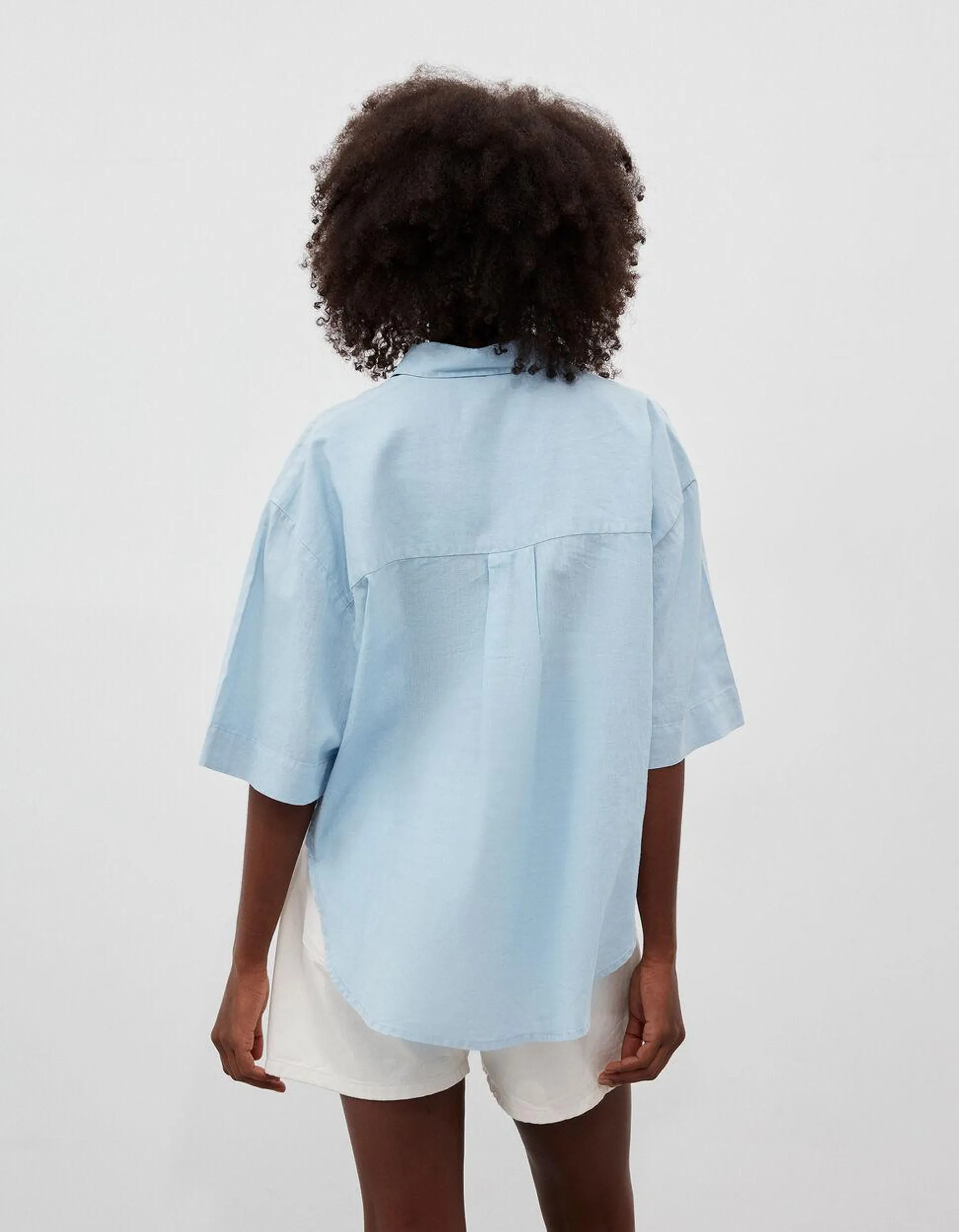 Blusa Mistura de Linho, Mulher, Azul Claro