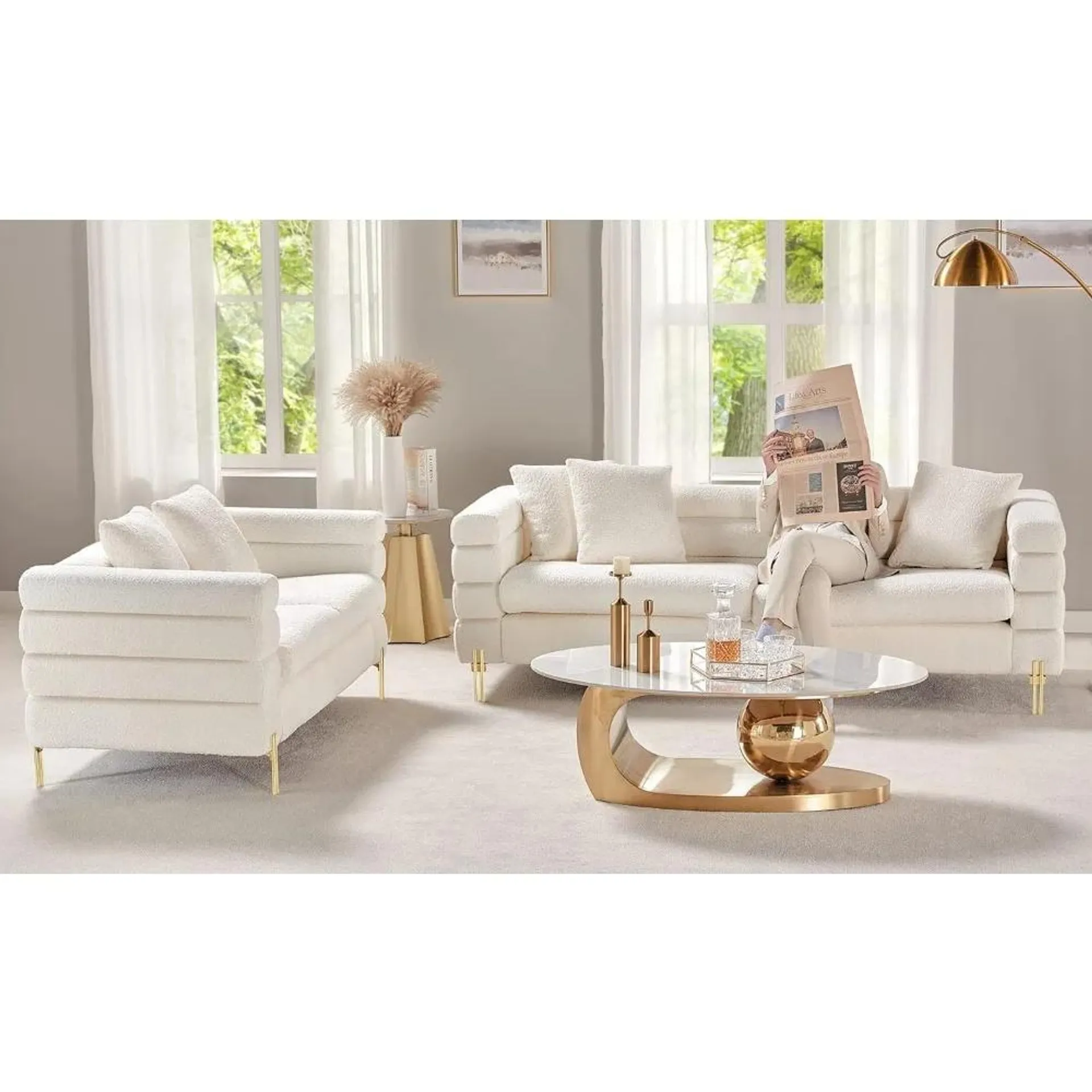 2 Piece Sofa Set, Loveseat Set- Oversize Sofa Couch, Comfy Sofa for Living Room- Deep Seat Sofa, White