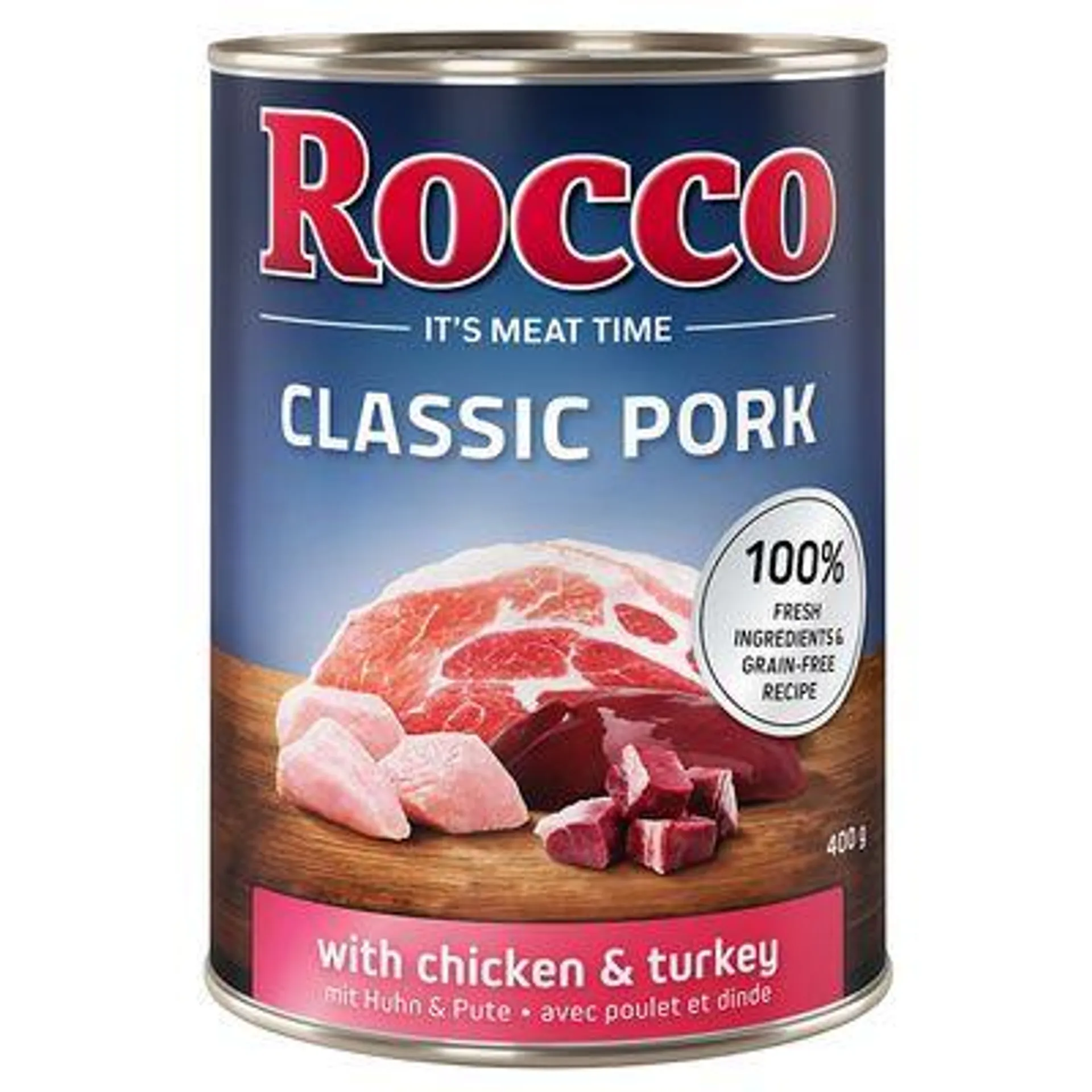 Rocco Classic Pork 6 x 400 g comida húmida em promoção: 5 + 1 grátis!