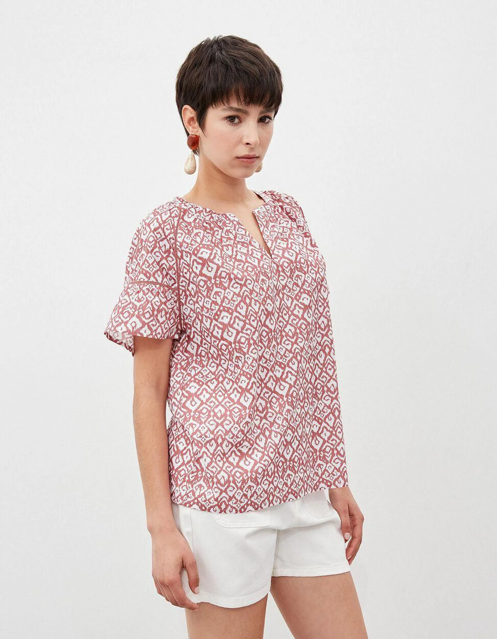 Blusa Estampada Decote em V, Mulher, Rosa