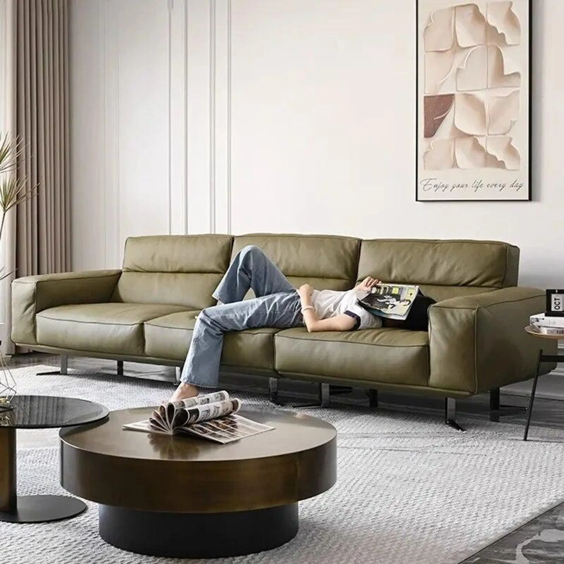 Italian minimalist genuine leather tall tofu block sofa cowhide modern minimalist living room straight four-seater sofa