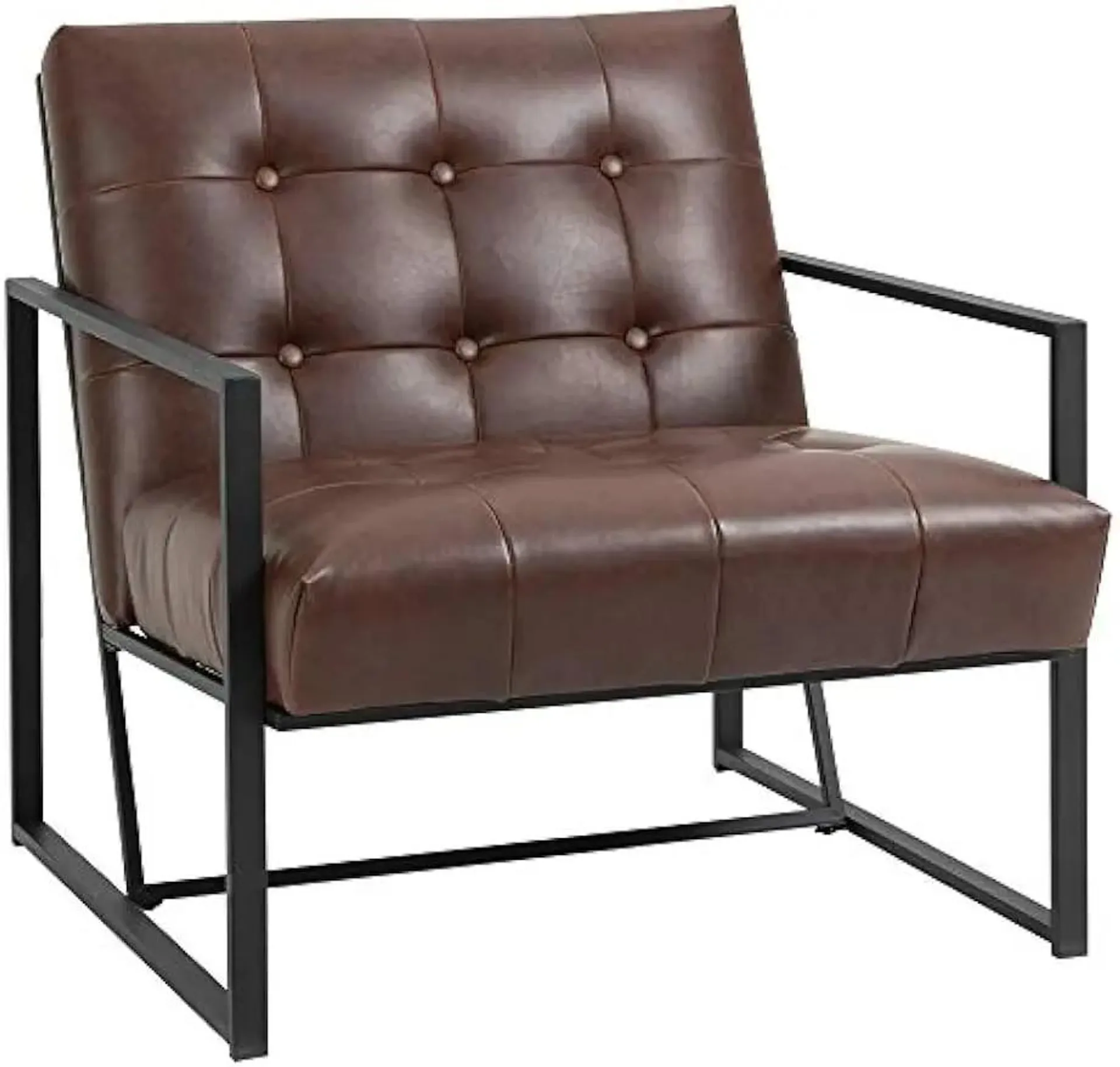 Mid-Century Modern Accent Chair Faux Leather Sofa Button Tufted Armchair with Metal Frame, Brown