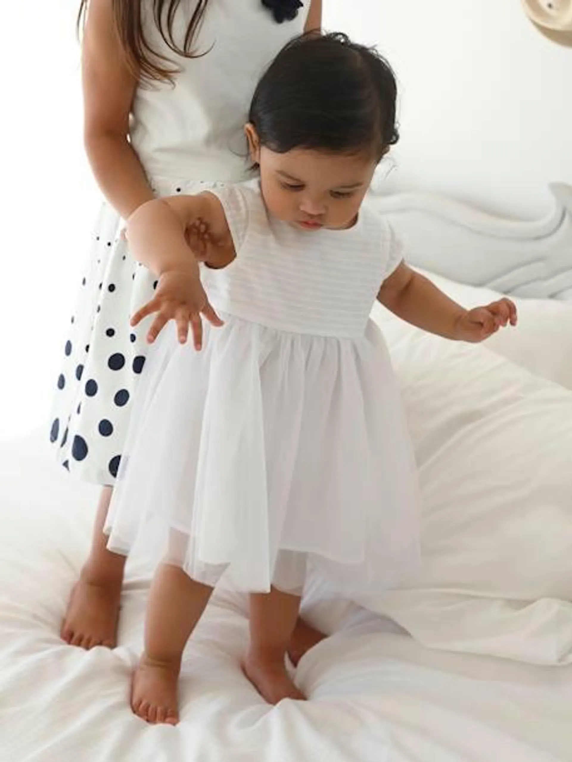 Vestido de cerimónia com tule, para bebé - branco claro liso