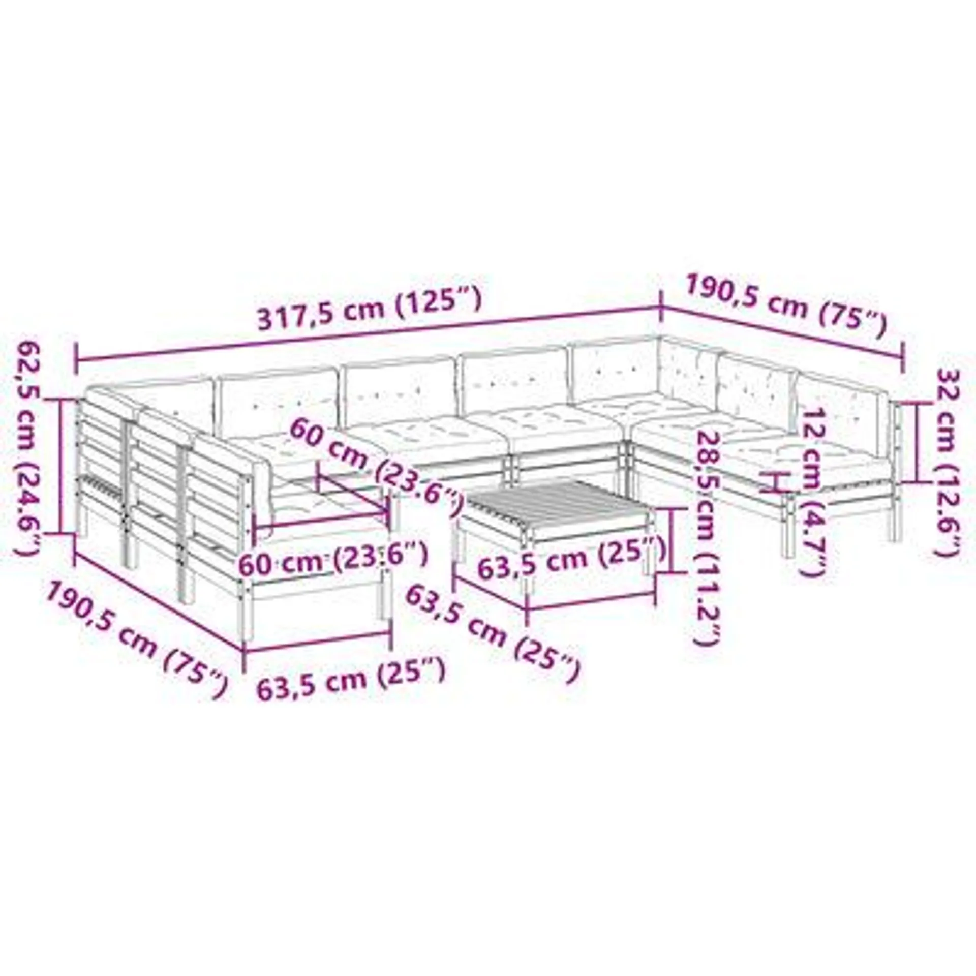 vidaXL 10pcs conj. sofás jardim c/ almofadões madeira pinho impregnado